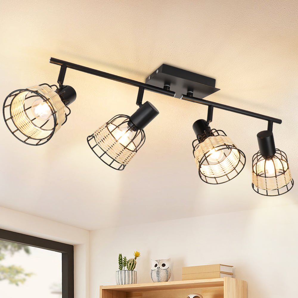 Depuley 4-Head Modern Track Lighting Kit - Vintage Rattan & Bamboo Wall/Ceiling Spotlight with Woven Cage - Farmhouse Style Lighting for Kitchen, Dining Room, Office, Restaurant, Cafe and Bedroom