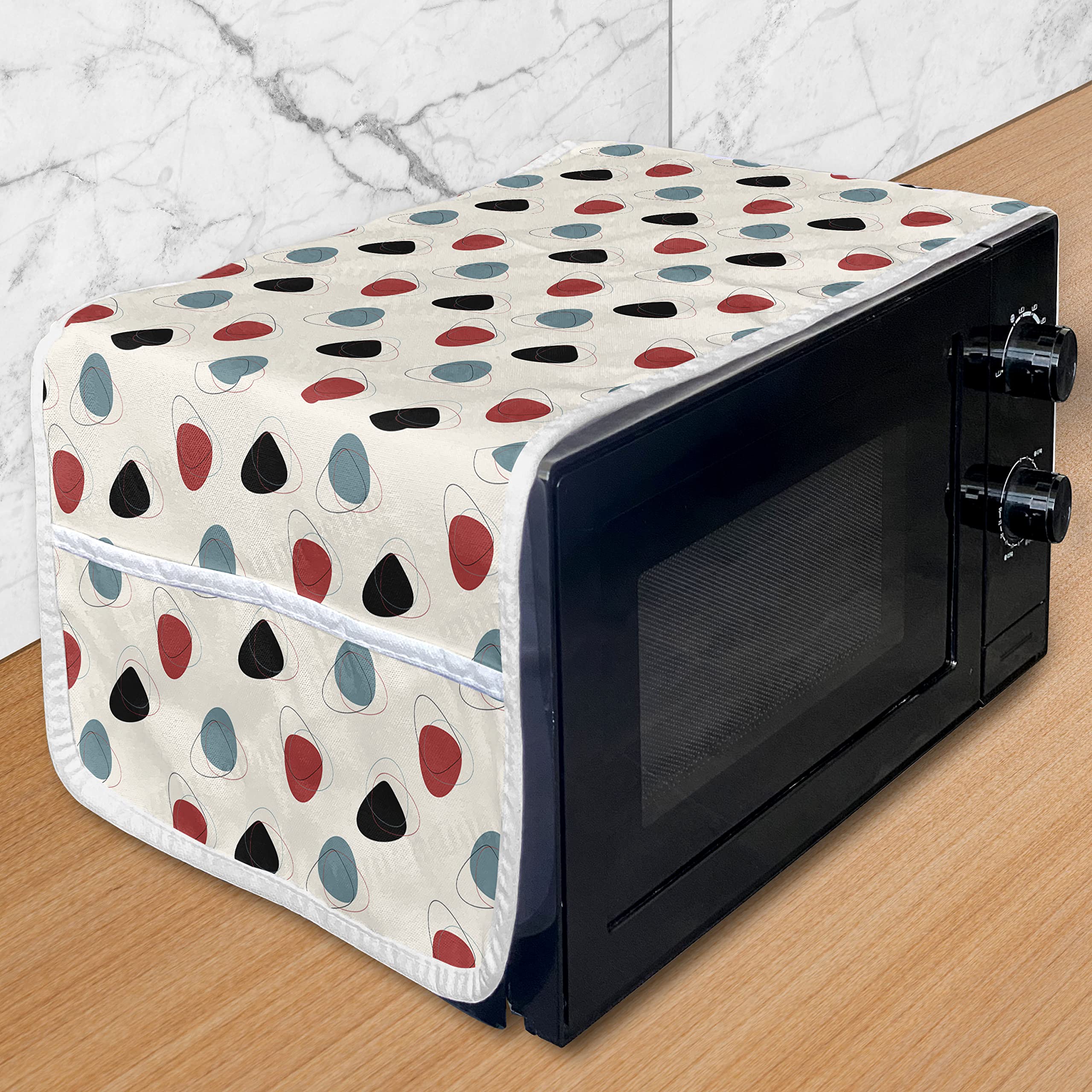 Ambesonne Vintage Microwave Cover - Retro Space Design with Abstract Blots, Waterproof Kitchen Organizer with Pockets, 36x12 Inches, Slate Blue Red Black - Perfect for Mid-Century Modern Kitchens & Small Space Organization