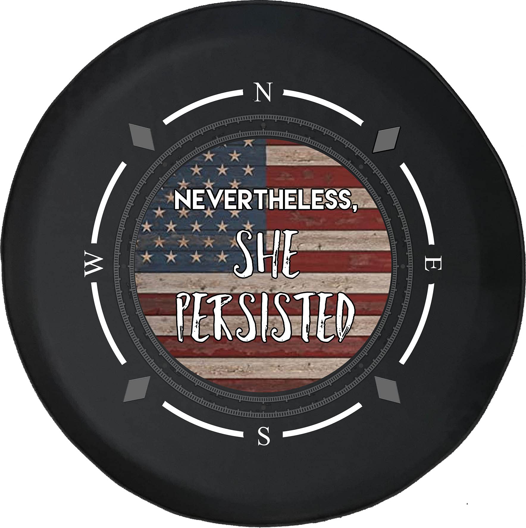 American Flag Spare Tire Cover with Compass Design - 'Nevertheless She Persisted' Motif - Universal Fit for SUVs, Trailers, RVs & Most Vehicles - Perfect for Road Trips & Outdoor Adventures