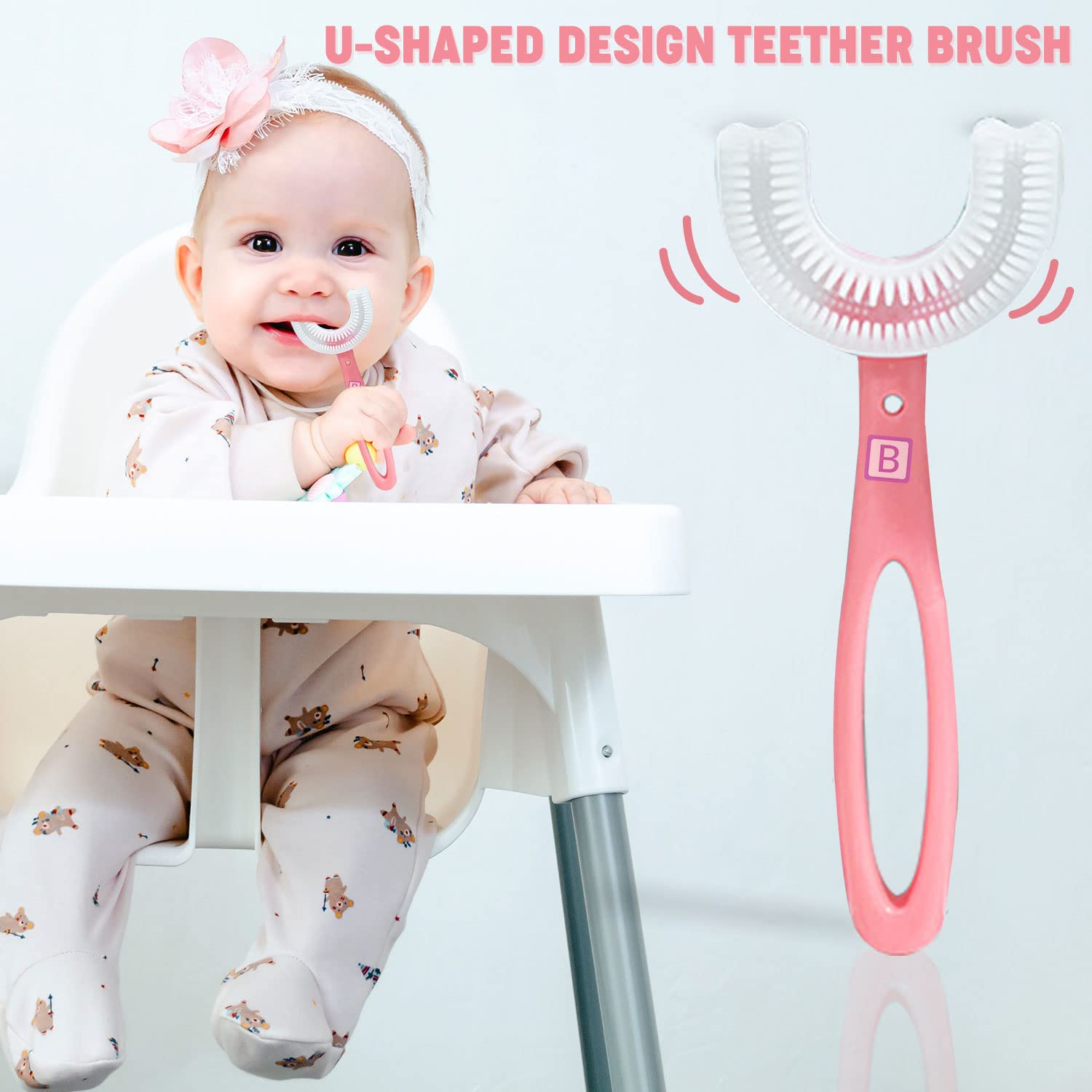 Bembika U-Shape Silicone Baby Teether Toy - Large Pink Teething Toy for Infants, Safe Chewable Keys & Toothbrush for Soothing Sore Gums | Perfect for Home, Travel & Daycare Use