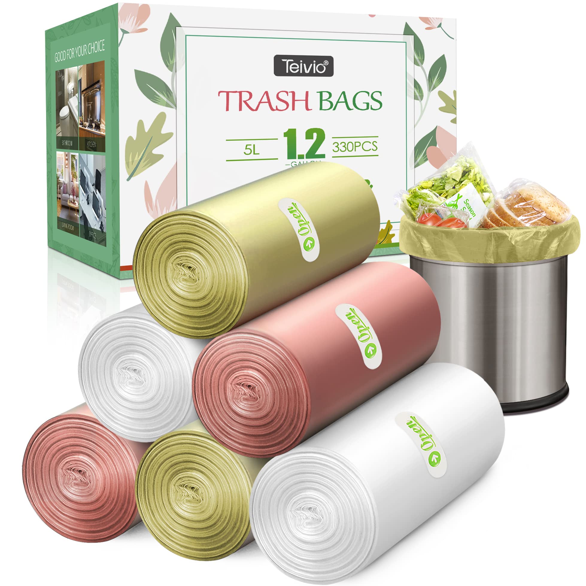Teivio 1.2 Gallon 330 Count Strong Trash Bags - Heavy Duty Small Garbage Bags for Bathroom, Kitchen, Office & Home Use | Durable Plastic Bin Liners with Metal Mixed Design