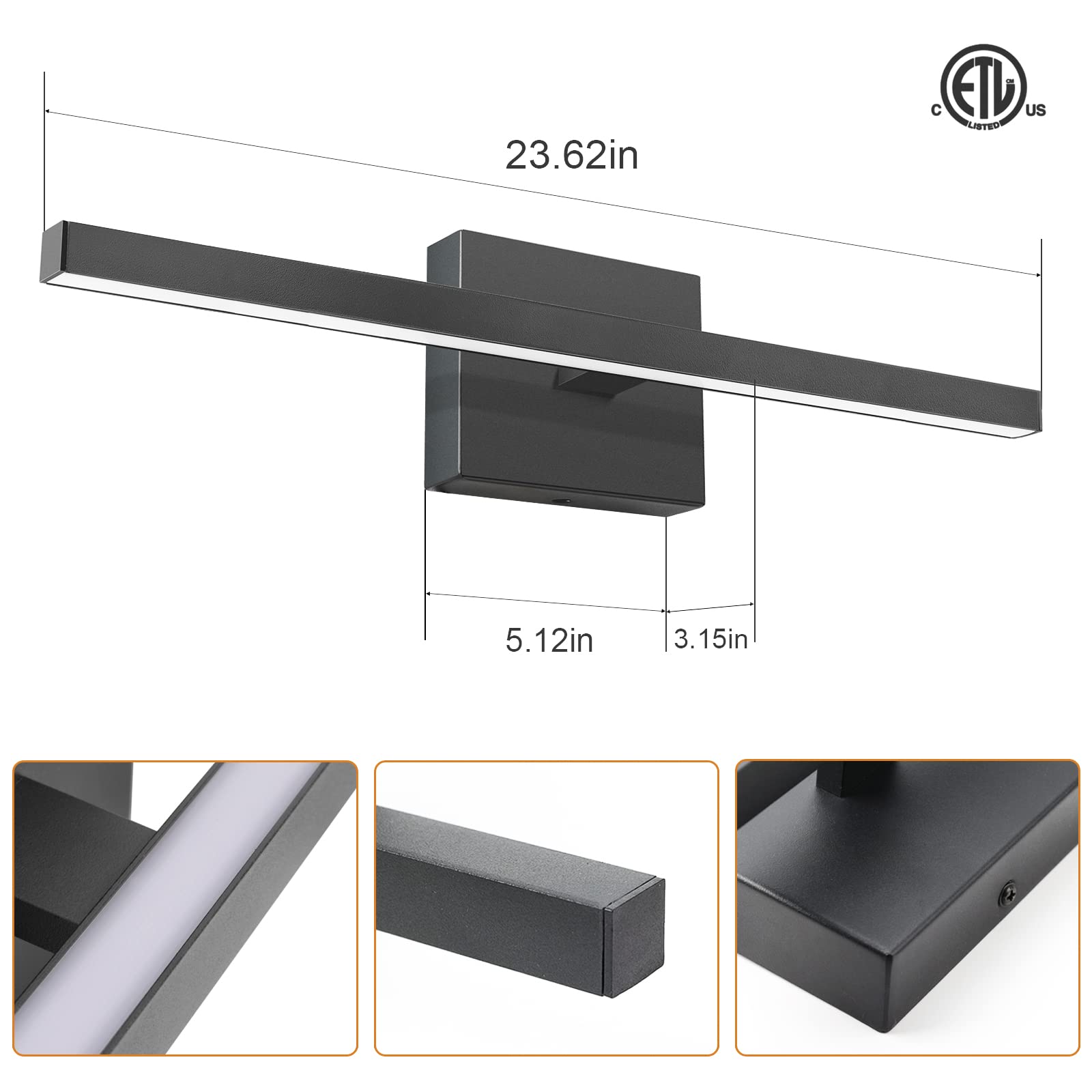 VOLISUN 23.6 Inch Modern Bathroom Vanity Light - 14W Dimmable LED Fixture with 5 Color Temperatures - Black Bar Light for Mirror, Vanity & Bathroom Cabinets - ETL Certified - Perfect for Bedroom, Powder Room & Makeup Area Lighting
