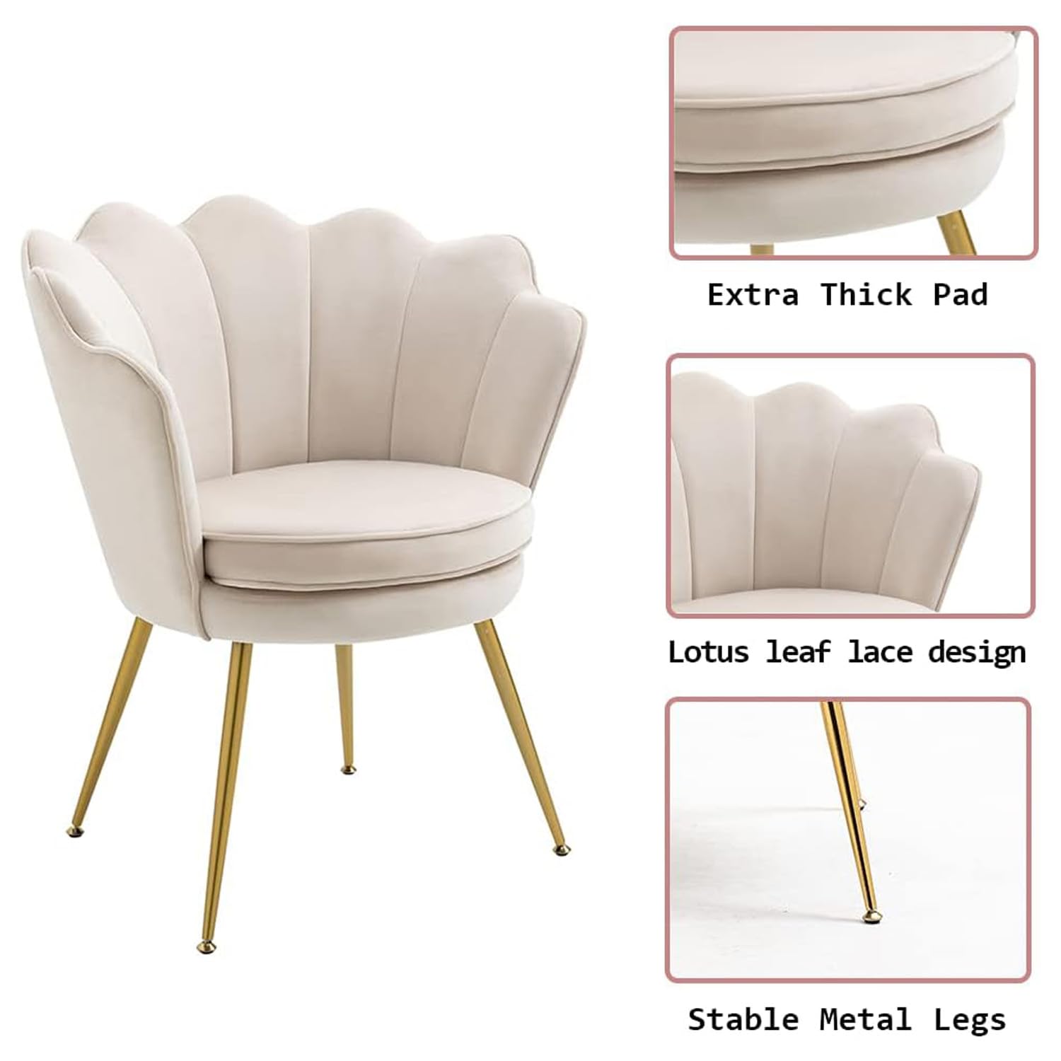 Modern Velvet Accent Chairs Set of 2 - Gold Leg Tufted Dining Chairs for Living Room, Bedroom & Kitchen - Beige Vanity Chair for Dressing Room & Makeup Area - Perfect for Home Decor, Entertaining Guests & Relaxing