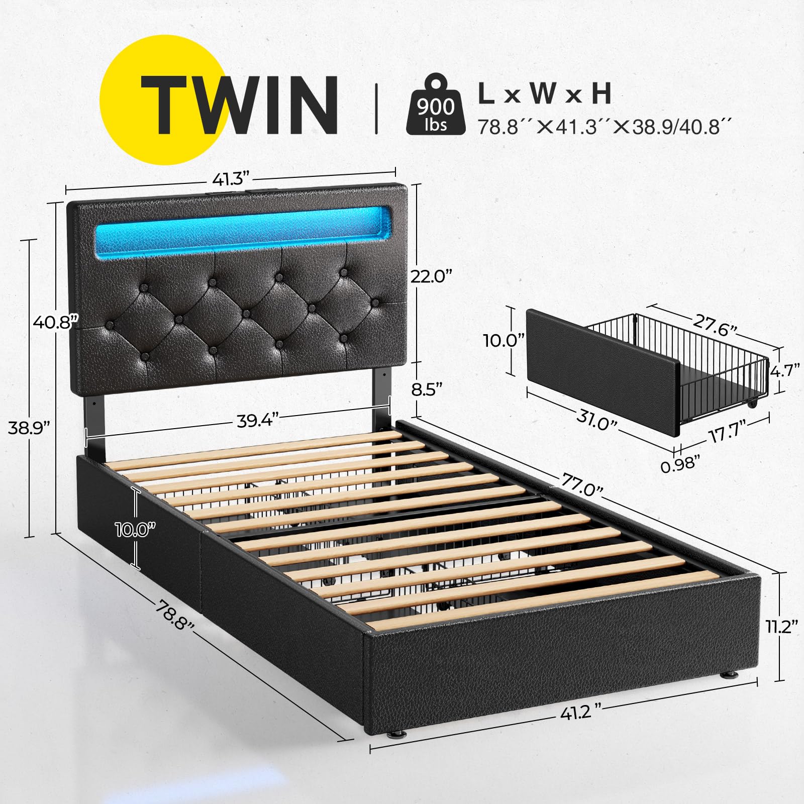 Rolanstar Twin Size Upholstered PU Leather Bed Frame with USB Charging Station, LED Lights, Adjustable Headboard & 4 Storage Drawers - No Box Spring Needed, Easy Assembly, Black - Perfect for Small Bedrooms, Dorm Rooms & Modern Apartments