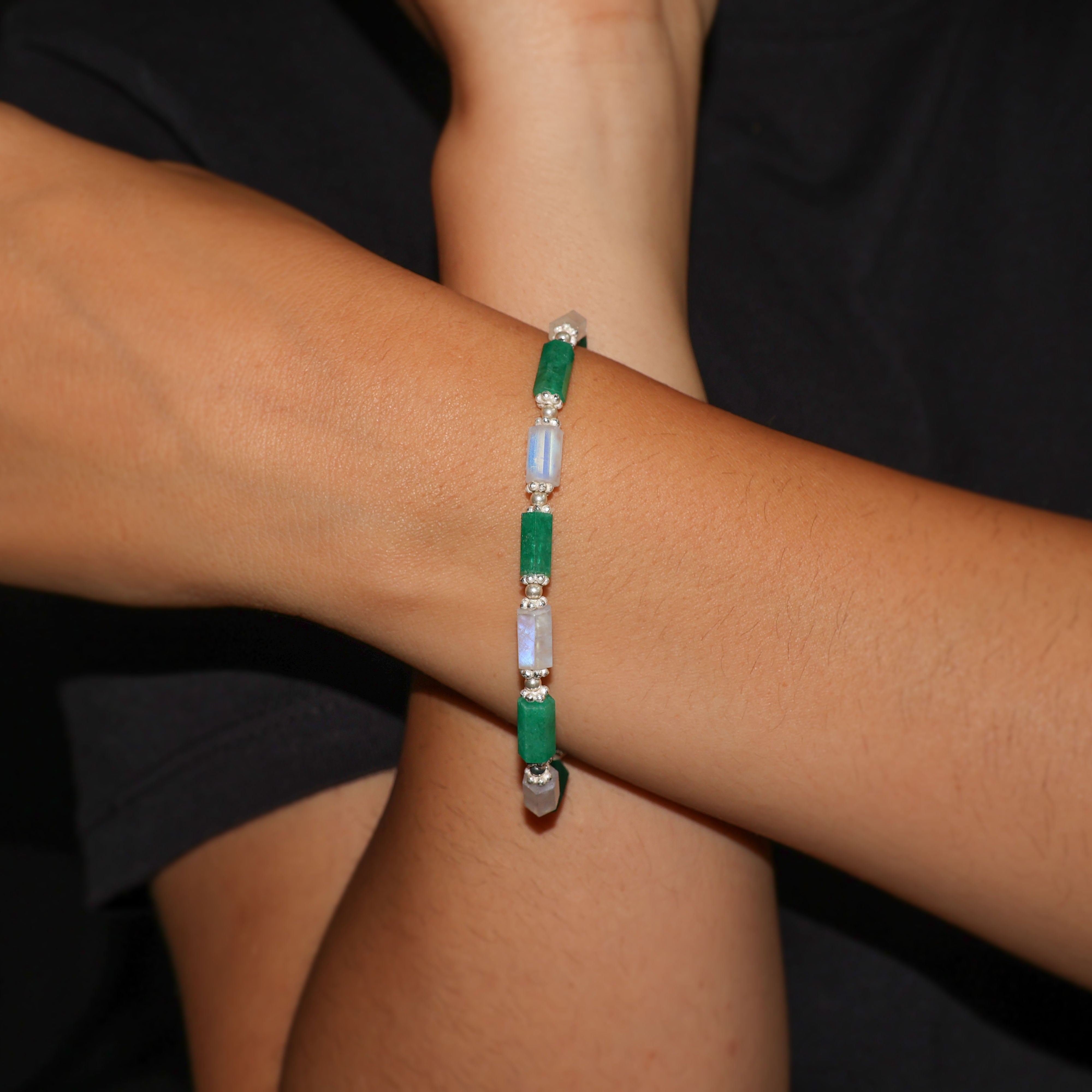 925 Sterling Silver Green Emerald and Moonstone Bracelet for Women - Elegant Gemstone Jewelry for Everyday Wear, Gifts, and Special Occasions