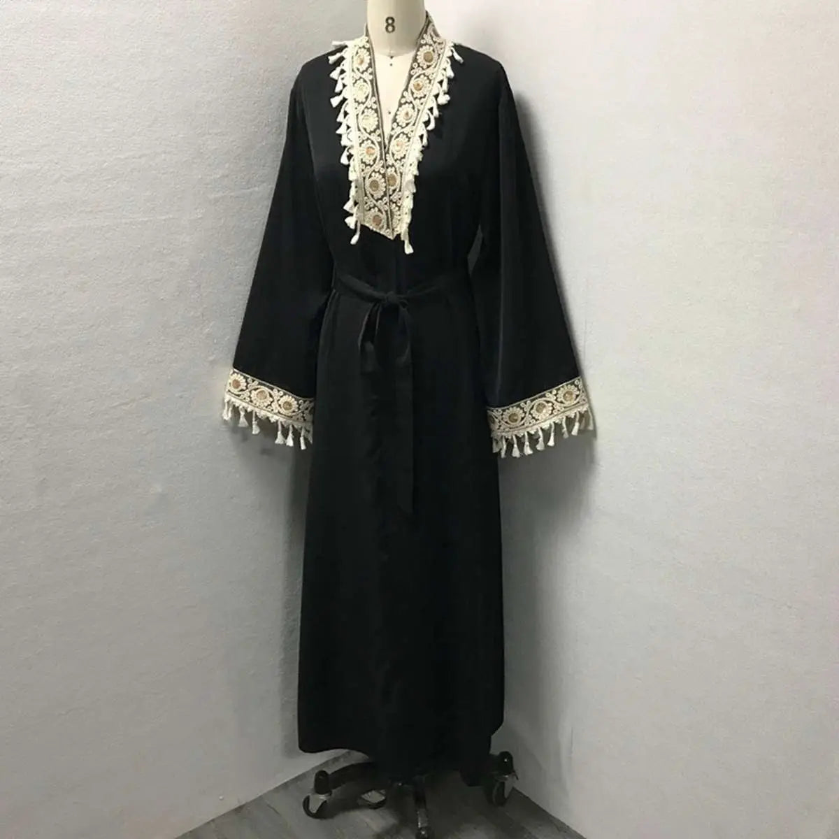 Elegant Muslim Women's Open Abaya Dress with Embroidery Tassel - Modest Islamic Cardigan for Prayer, Eid & Special Occasions