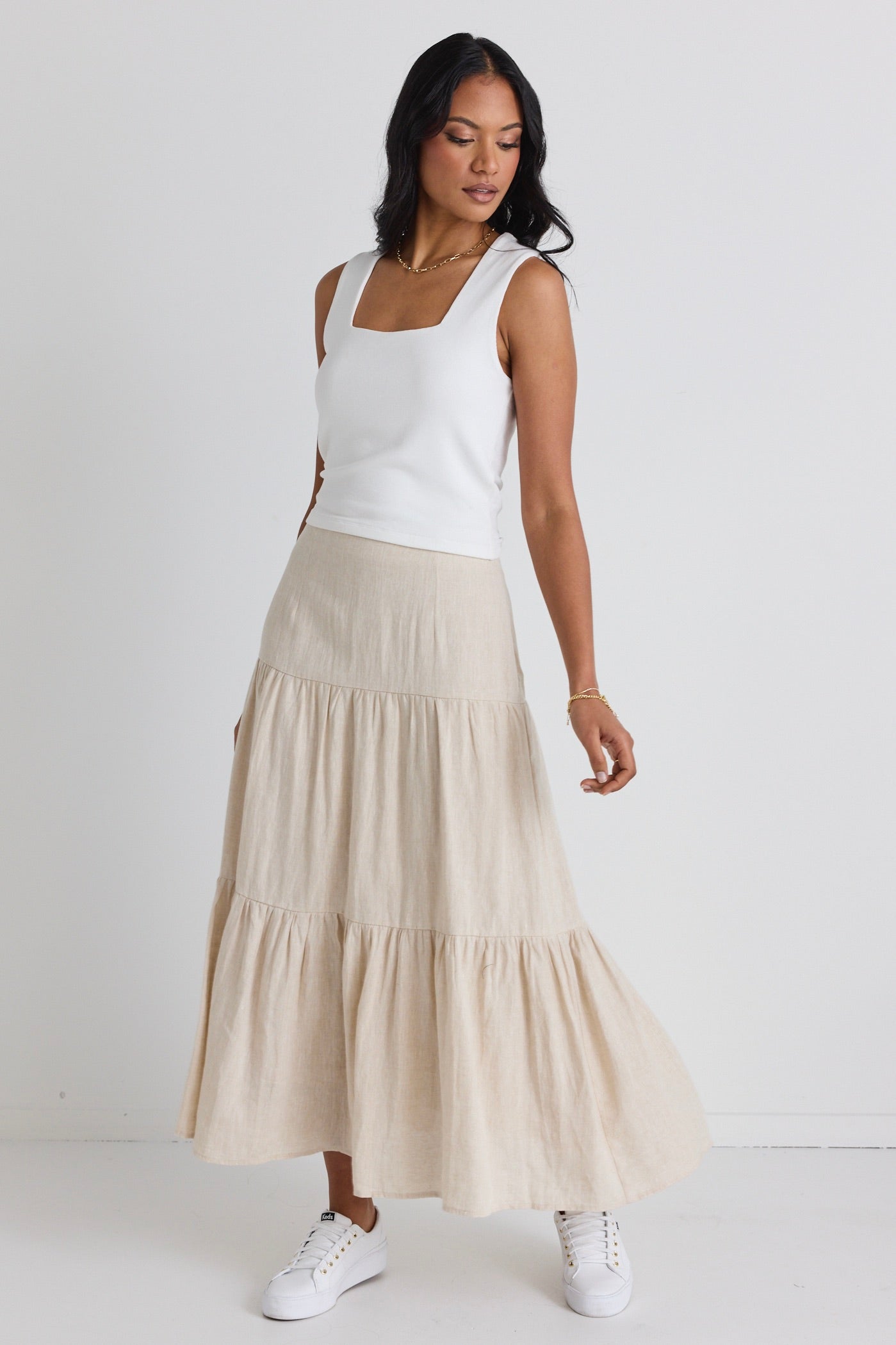 Blazing Sand Tiered Linen Midi Skirt - Women's Summer Boho Beach Skirt with Pockets | Perfect for Vacations, Music Festivals & Casual Outings