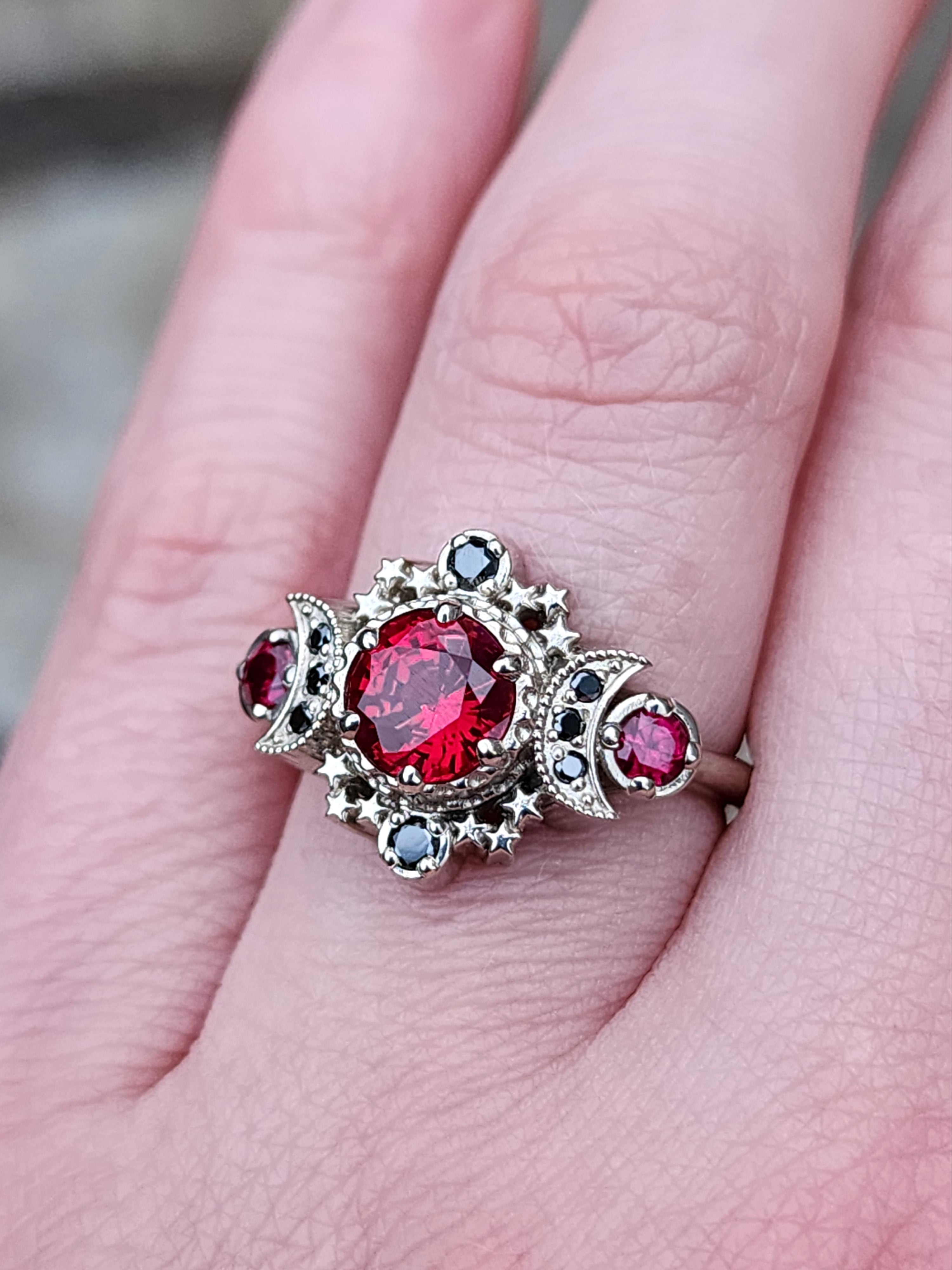 Blood Moon Chatham Ruby & Black Diamond Engagement Ring - 14K Palladium Gold Gothic Triple Moon Wedding Band - Perfect for Gothic, Cosmos & Alternative Weddings