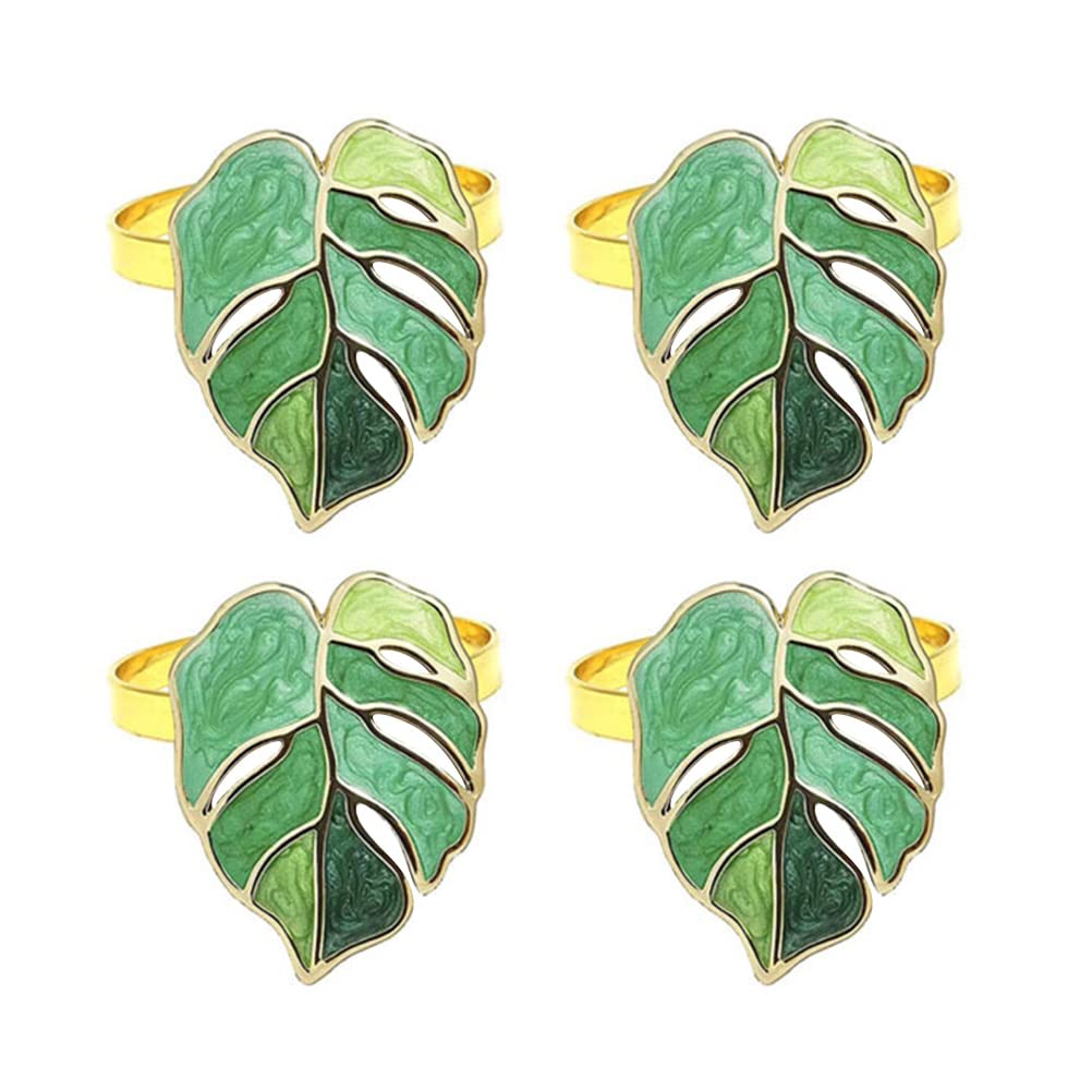 LUOZZY 4 Pack Green Leaf Napkin Rings - Tropical Hawaiian Turtle Design Napkin Holders for Birthday Party, Wedding, Beach Theme Table Decorations - Perfect for Summer Dinner Parties, Luaus, and Coastal Home Decor