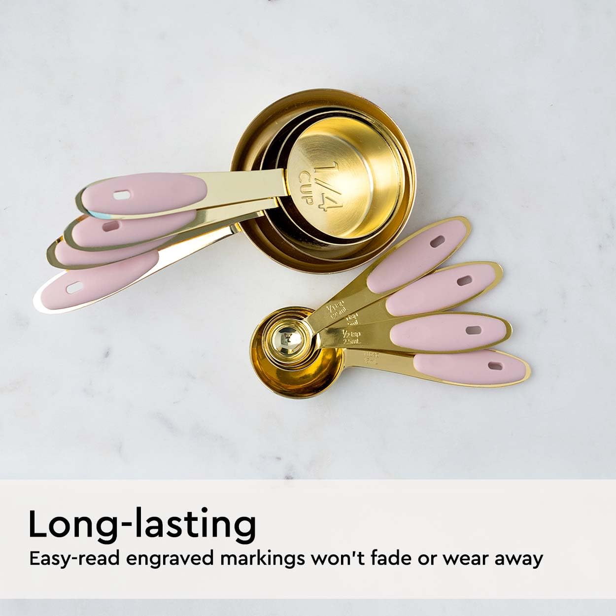 8-Piece Stainless Steel Measuring Cups and Spoons Set in Gold & Pink - Durable Baking Tools with Ergonomic Silicone Handles - Perfect for Cooking, Baking, Cake Decorating & Kitchen Decor Gifts