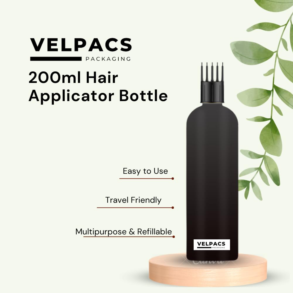 Velpacs 200ml Empty Black Plastic Root Applicator Bottle with Comb Head for Hair Dye, Oil, Rosemary Tea, Shampoo Application | Travel-Friendly Hair Care & Styling Tools | Pack of 3 for Salon, Home Use & On-the-Go Touch Ups