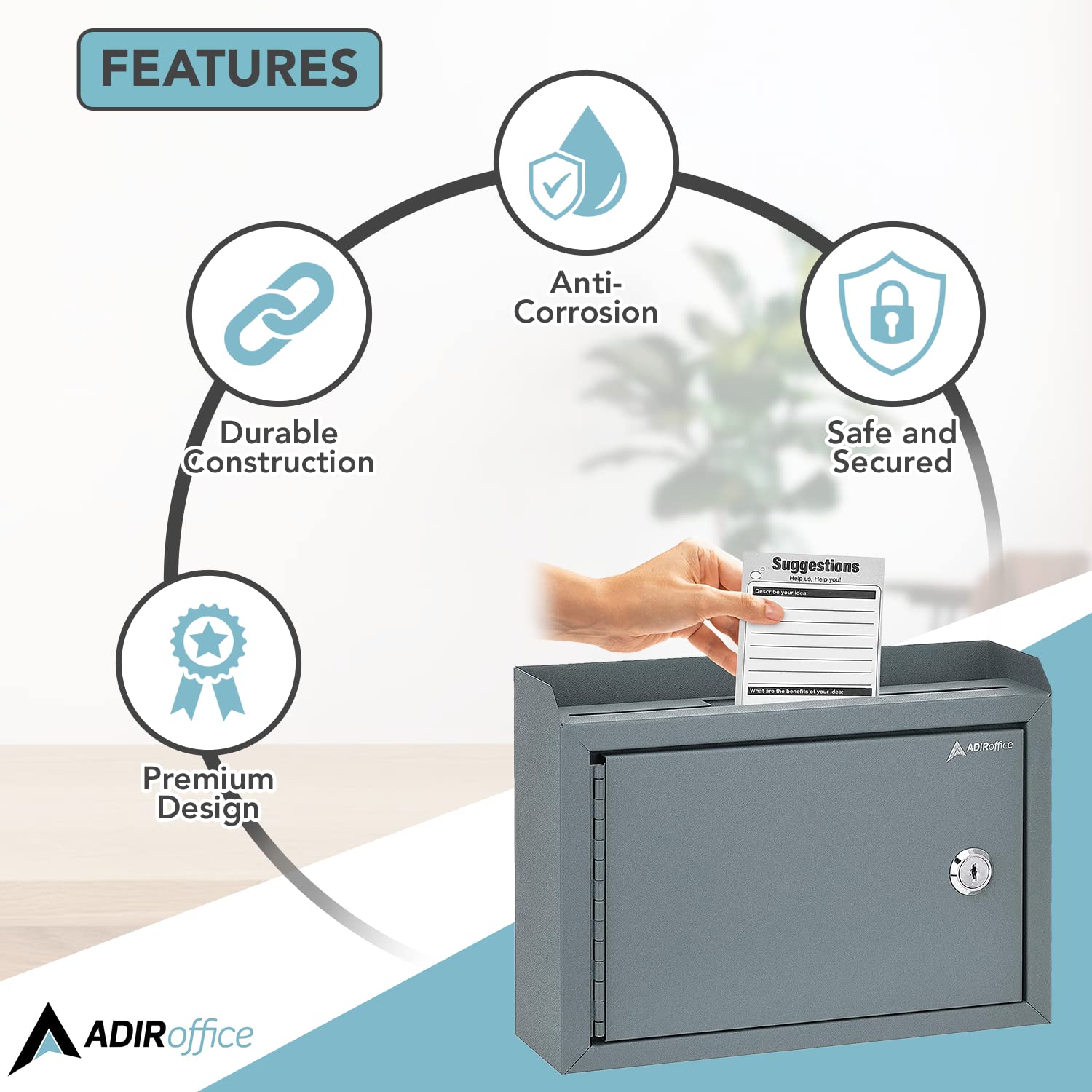 Adir Locking Suggestion Box with Money Slot - Secure Cash Drop Box for Donations, Tips & Payments - 9.8x7.5x3.4 Inch Wall Mount Metal Deposit Box in Gray - Ideal for Offices, Retail Stores & Community Centers