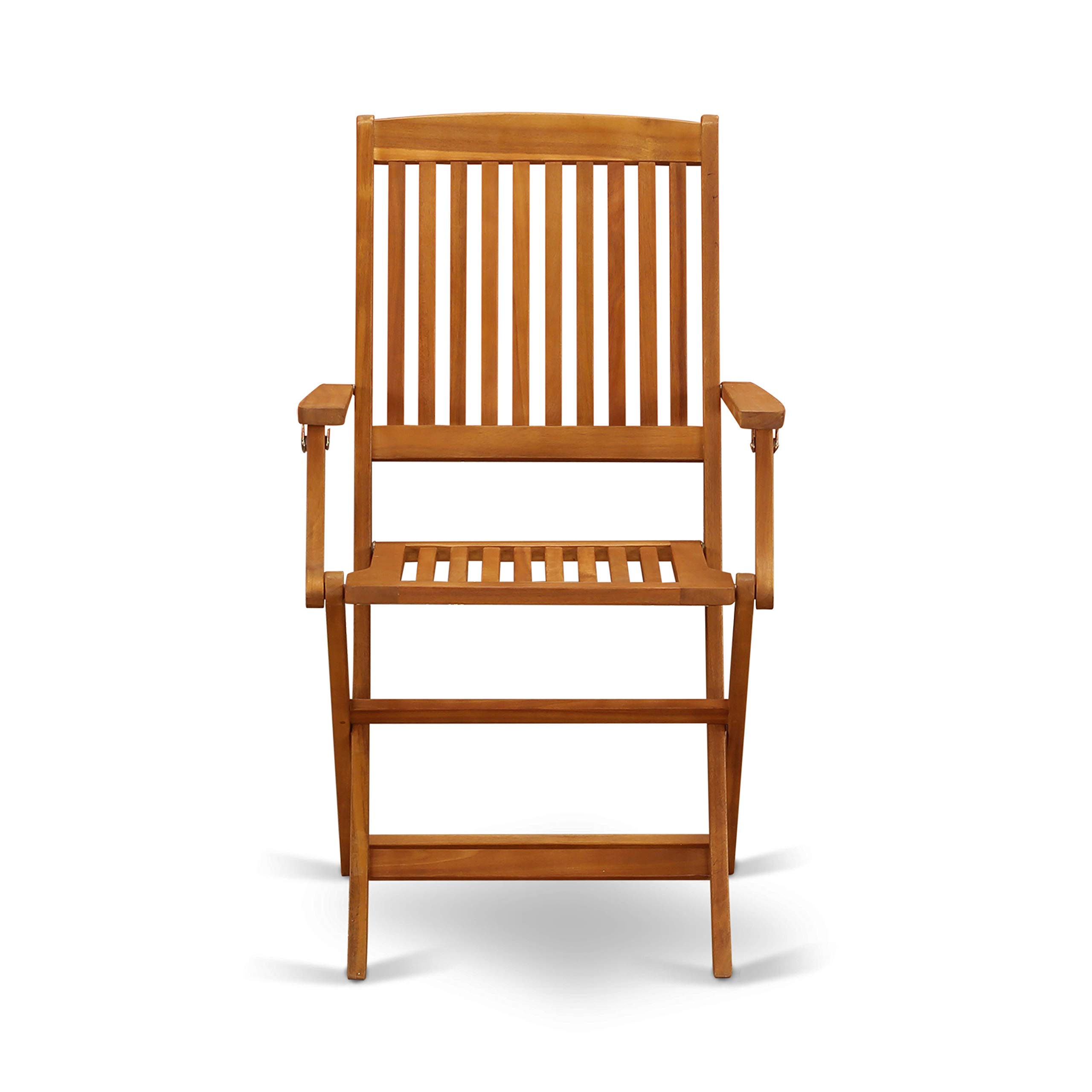 East West Furniture MNCM3CANA Marion 3-Piece Patio Bistro Set - Round Acacia Wood Coffee Table & 2 Folding Arm Chairs, 30x30 Inch, Natural Oil Finish - Perfect for Outdoor Dining, Garden, Balcony or Backyard Relaxation