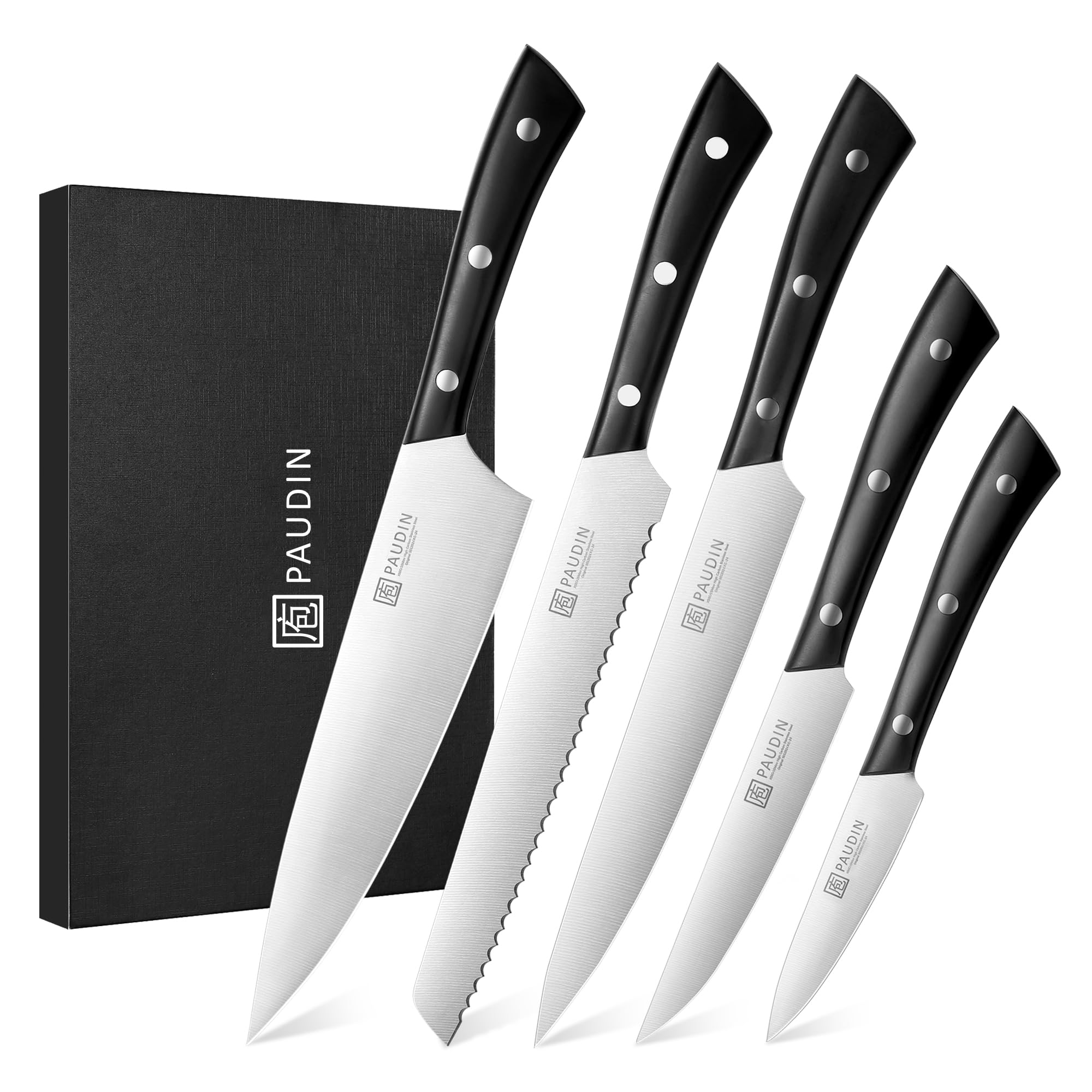 PAUDIN 5-Piece Kitchen Knife Set - Ultra Sharp High Carbon Stainless Steel Chef Knives for Precise Cutting | Lightweight & Durable Black Knife Set for Home Cooking, Slicing, Dicing & Meal Prep