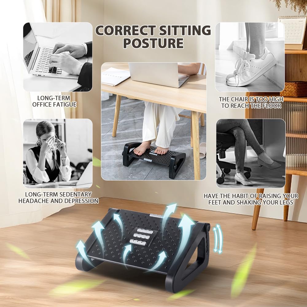 Adjustable Under Desk Foot Rest with Massage Roller - 6 Height Ergonomic Office Foot Stool for Leg Support & Comfort at Work, Home or Gaming Setup