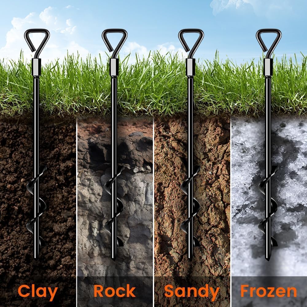 Heavy Duty Ground Anchors & Screw-in Tent Stakes Kit - 4 Pack for High Winds, Camping Tents, Canopies, Trampolines, Sheds, Swing Sets & Mobile Homes | Secure Outdoor Equipment in Storms & Strong Winds