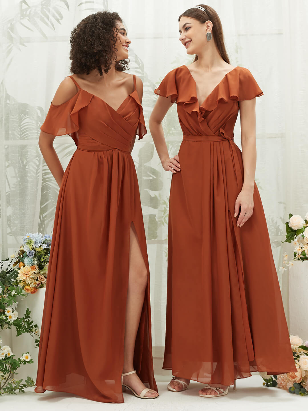 Elegant Burnt Orange Chiffon Bridesmaid Dress with Ruffle Sleeves & V-Neck Slit - Perfect for Weddings, Formal Events & Evening Parties
