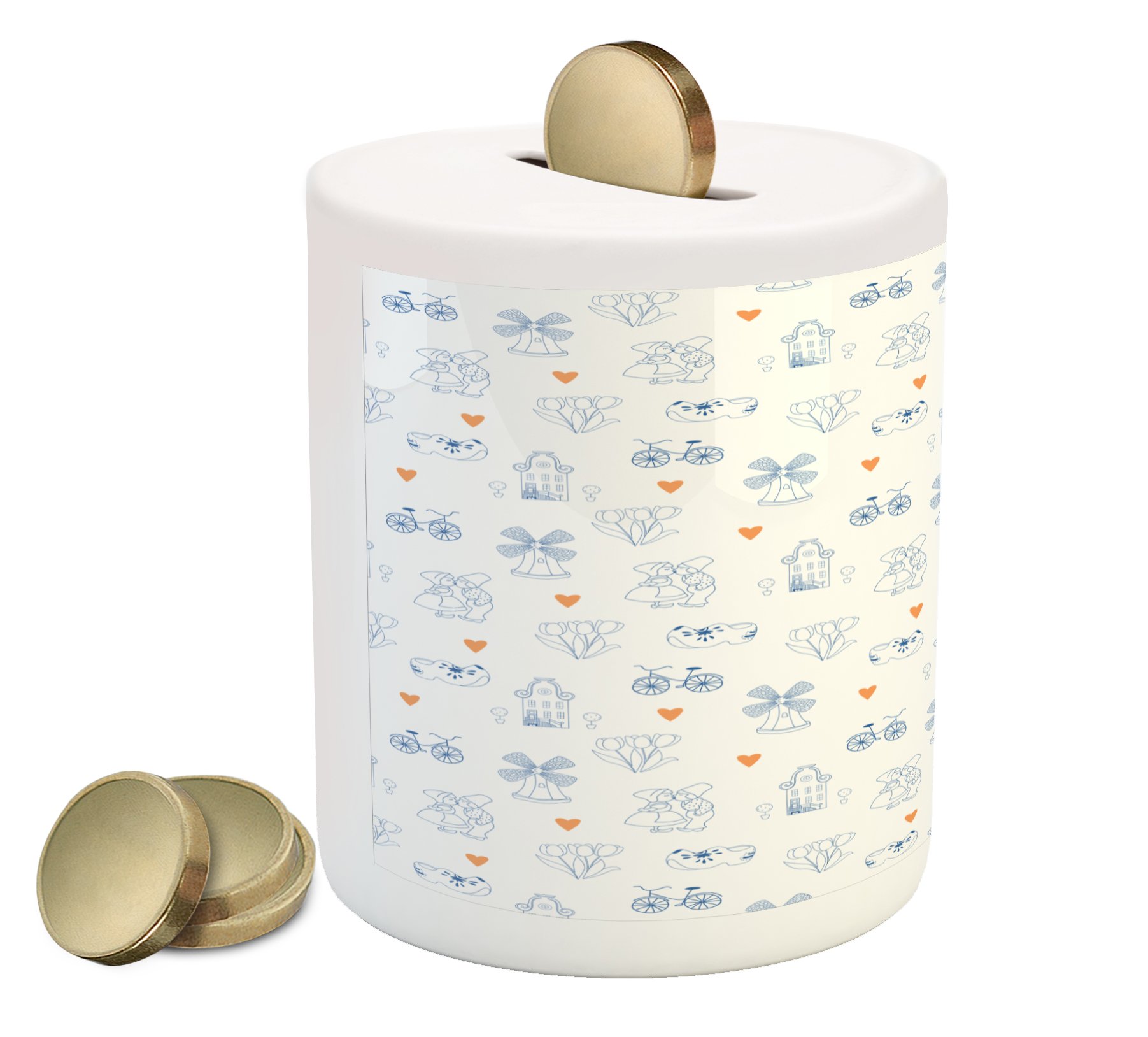 Ambesonne Dutch Piggy Bank - Traditional Holland Ceramic Money Box with Doodle Style Clogs & Bicycles Design, Orange Navy Blue White Coin Bank for Cash Savings | Perfect Gift for Kids, Collectors & Dutch Culture Enthusiasts
