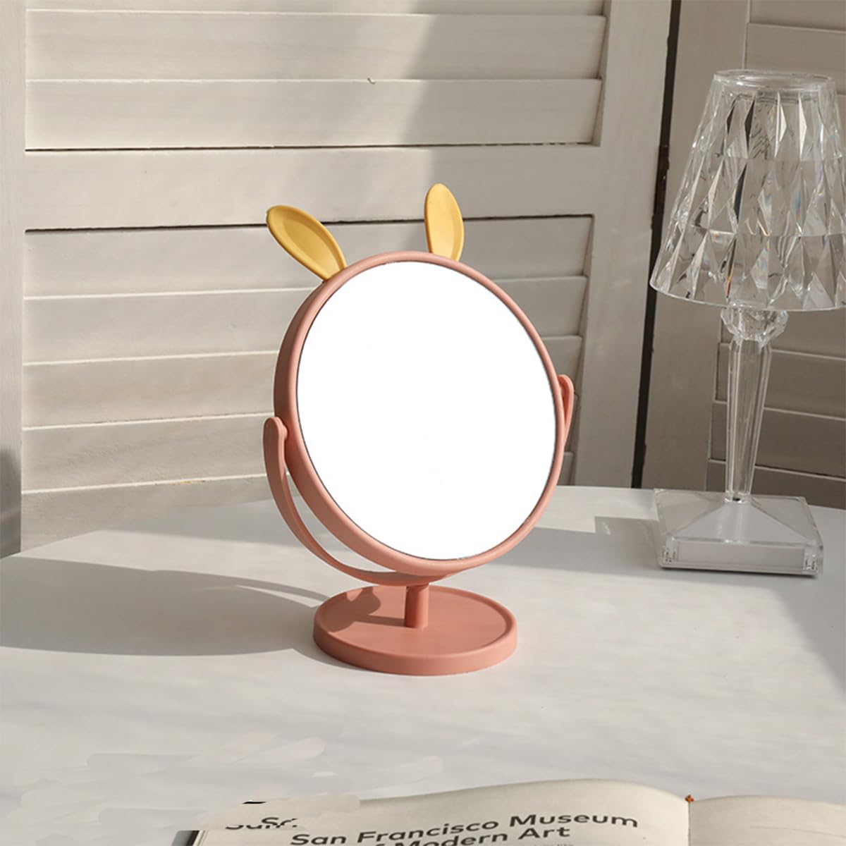 Leeonz Round Vanity Makeup Mirror with Stand - Wall Mount or Desktop Plastic Mirror with Cute Rabbit Ears (Pink & Yellow) for Bathroom, Bedroom, Dorm Room Decor