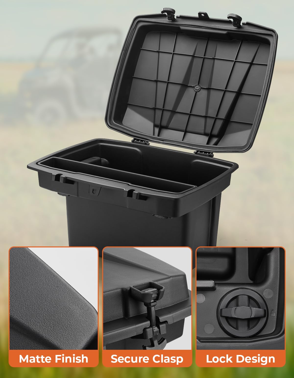 KEMIMOTO UTV Bed Storage Box - 7.4 Gallon Waterproof Lockable Cargo Organizer for Can-Am Defender & Defender MAX (2016-2025) | Heavy-Duty Trunk Bin with Easy Installation | Perfect for Off-Road Adventures, Hunting Gear Storage & Camping Equipment Organization