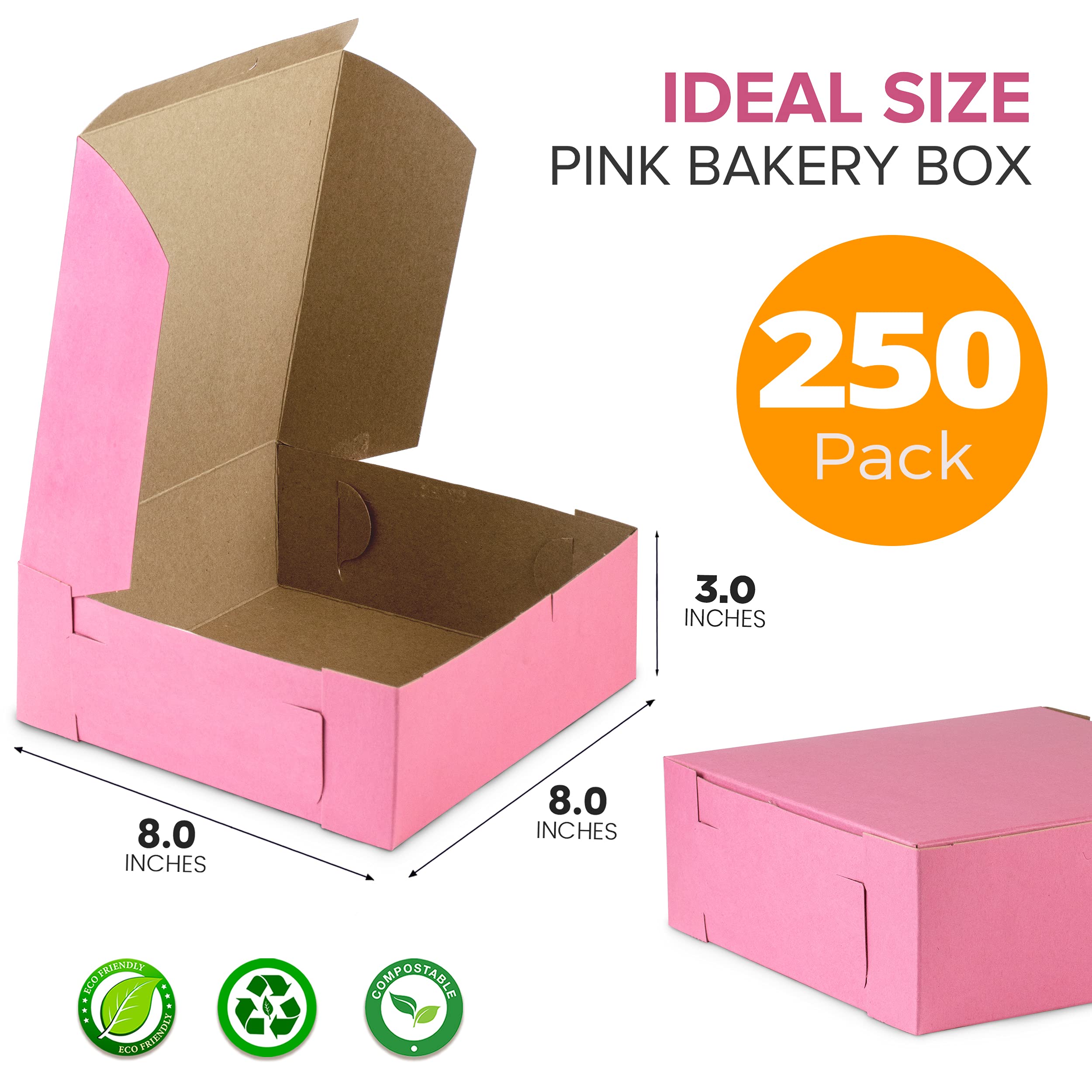 250 Pack Pink Bakery Boxes 8x8x3 Inches - Cake Pastry Boxes for Cupcakes, Desserts, Cookies & Candy Packaging - Perfect for Bakeries, Homemade Baked Goods, Party Favors, Wedding Gifts & Special Occasions