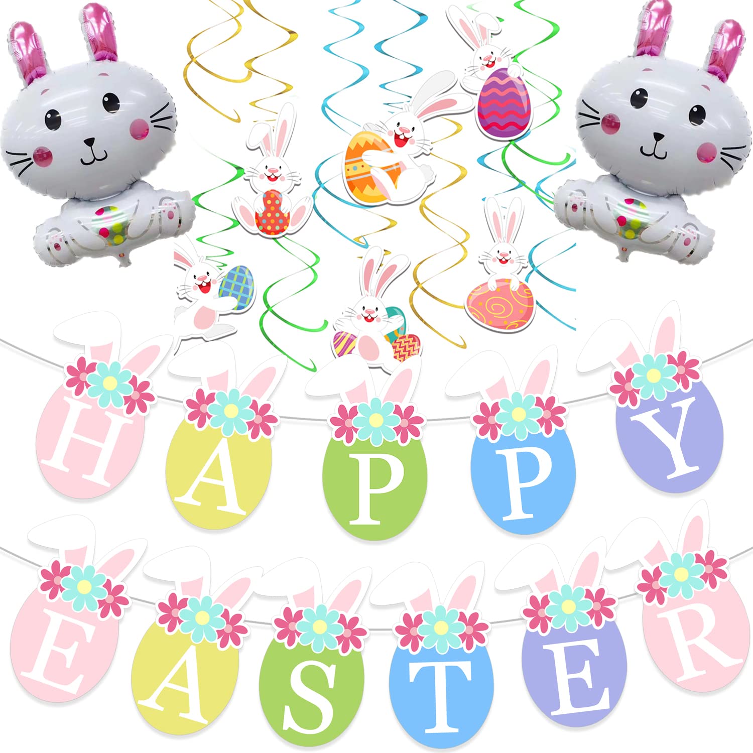 MATTTIME Happy Easter Banner - Colorful Bunny & Egg Party Decorations, Hanging Swirl Foil Balloons for Spring Holiday Celebrations - Perfect for Easter Parties, Home Decor, and Classroom Activities