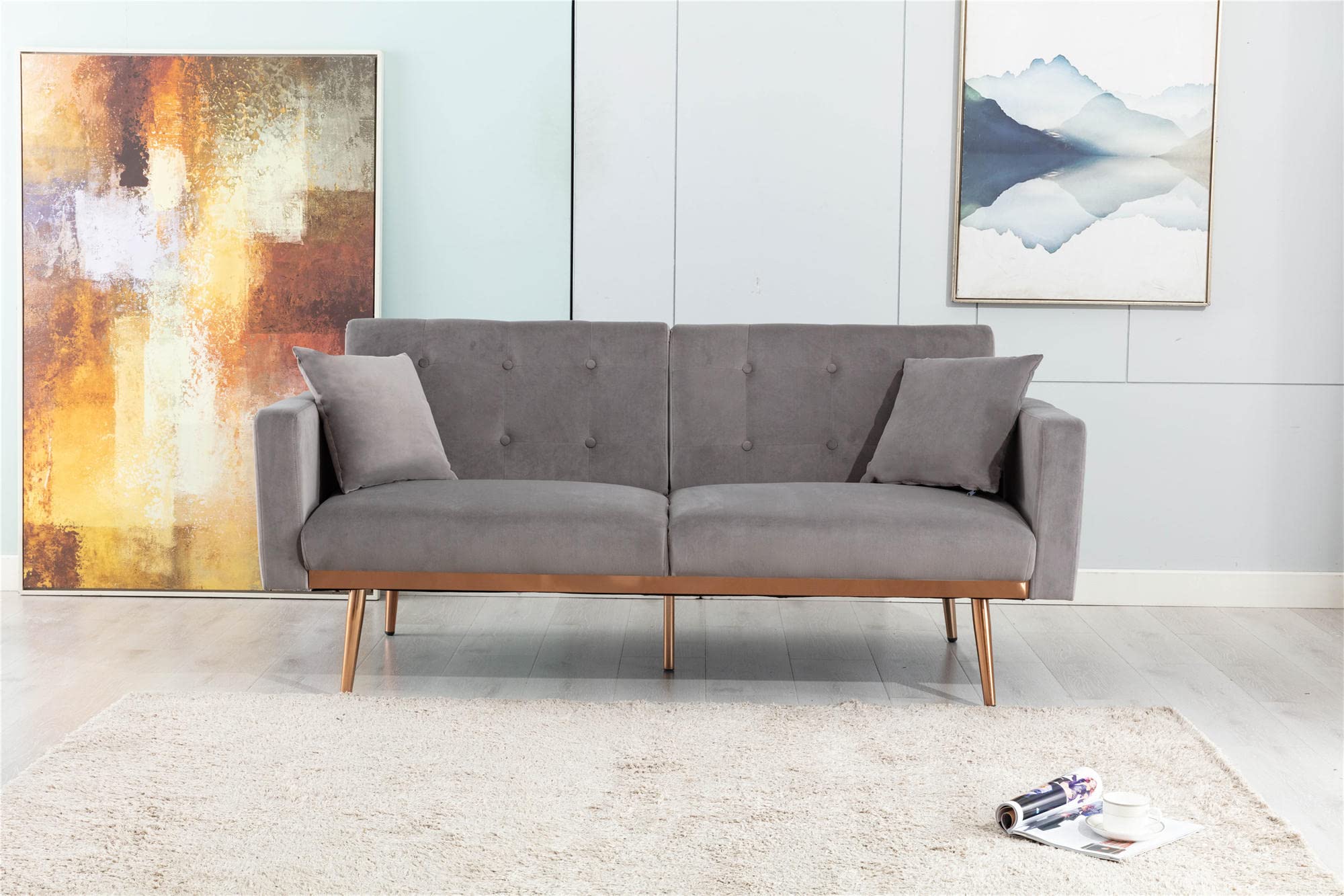 Velvet Convertible Futon Sofa Bed - Mid Century Modern Tufted Loveseat with Golden Metal Legs & 2 Pillows - Gray Accent Sofa Recliner for Living Room, Bedroom & Small Space