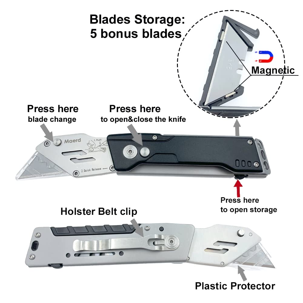 Maerd Heavy Duty Folding Utility Knife - Quick Change Box Cutter with Frame Lock & Blade Storage | Includes 25 Extra Blades | EDC Razor Carpet Work Knife with Belt Clip (Black) | Perfect for Warehouse, Construction, DIY Projects & Outdoor Activities
