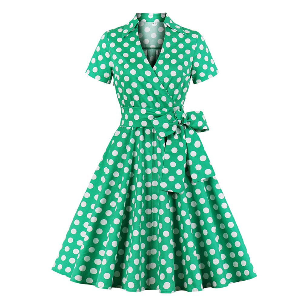 YLDCN Vintage Polka Dot Wrap Dress for Women - Belted Midi Skirt with Short Sleeves | Perfect for Casual Outings, Office Wear & Summer Parties