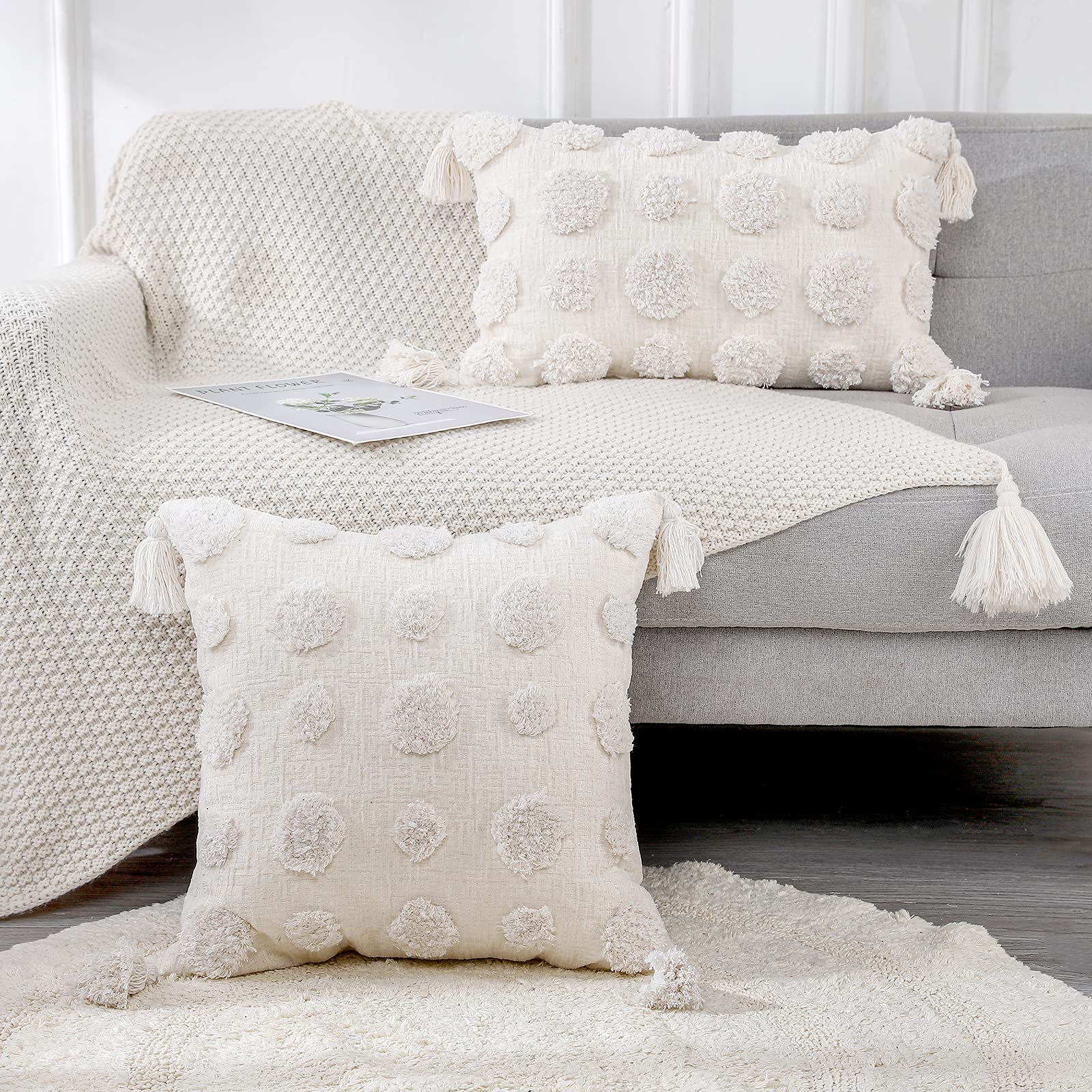 PANOD Super Soft Farmhouse Decorative Plush Throw Pillow Covers 24x24 Inch - White Pom Pom Tufted Boho Square Cushion with Tassels for Sofa, Couch, Bed & Home Decor | Cozy Living Room & Bedroom Accent