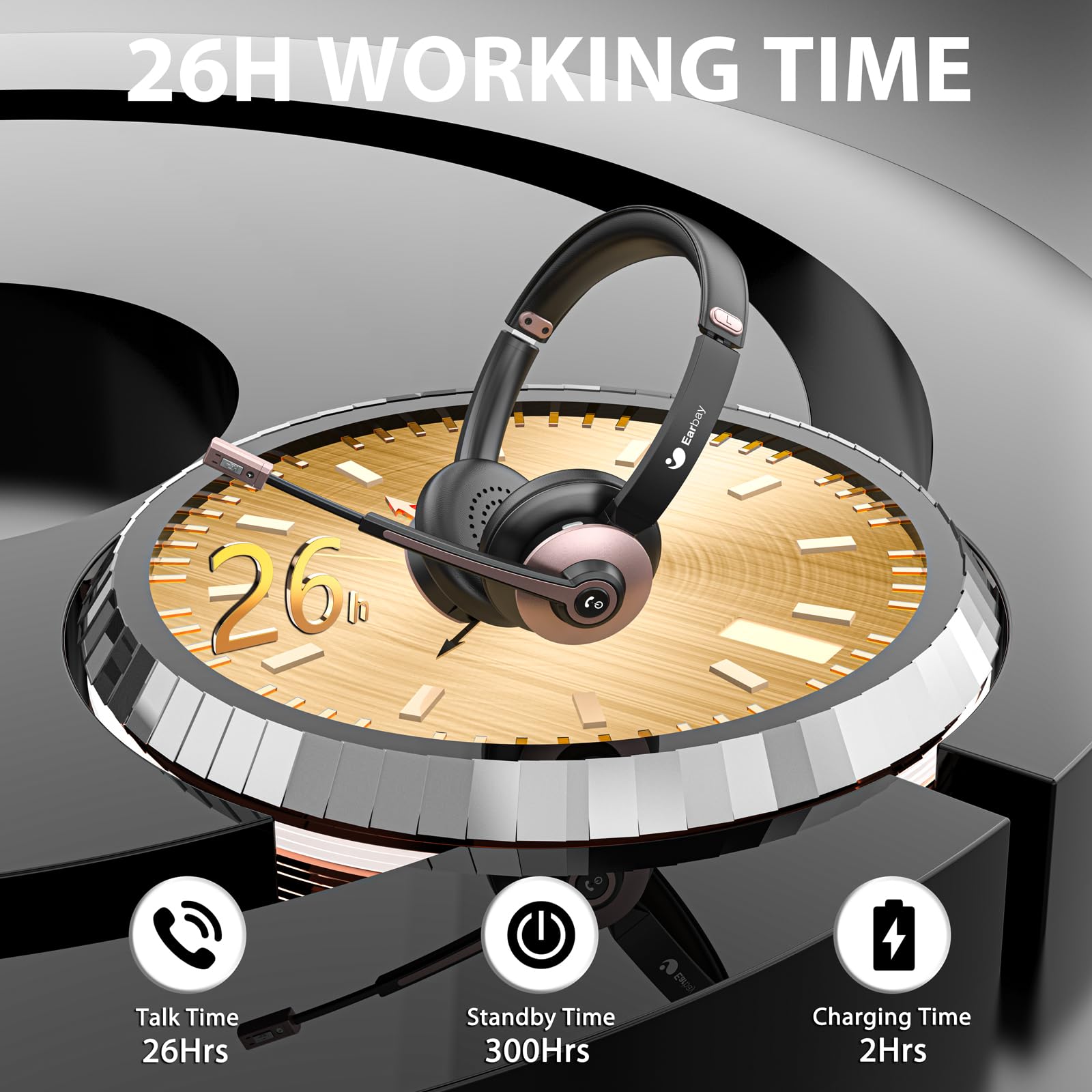 Wireless Bluetooth Headset with Microphone - Noise Cancelling USB Headphones for Office, 26+ Hours Battery Life, Mute Button - Perfect for Call Centers, Laptop, MS Teams, Zoom Meetings & Conference Calls (Hands-Free Work Headset)