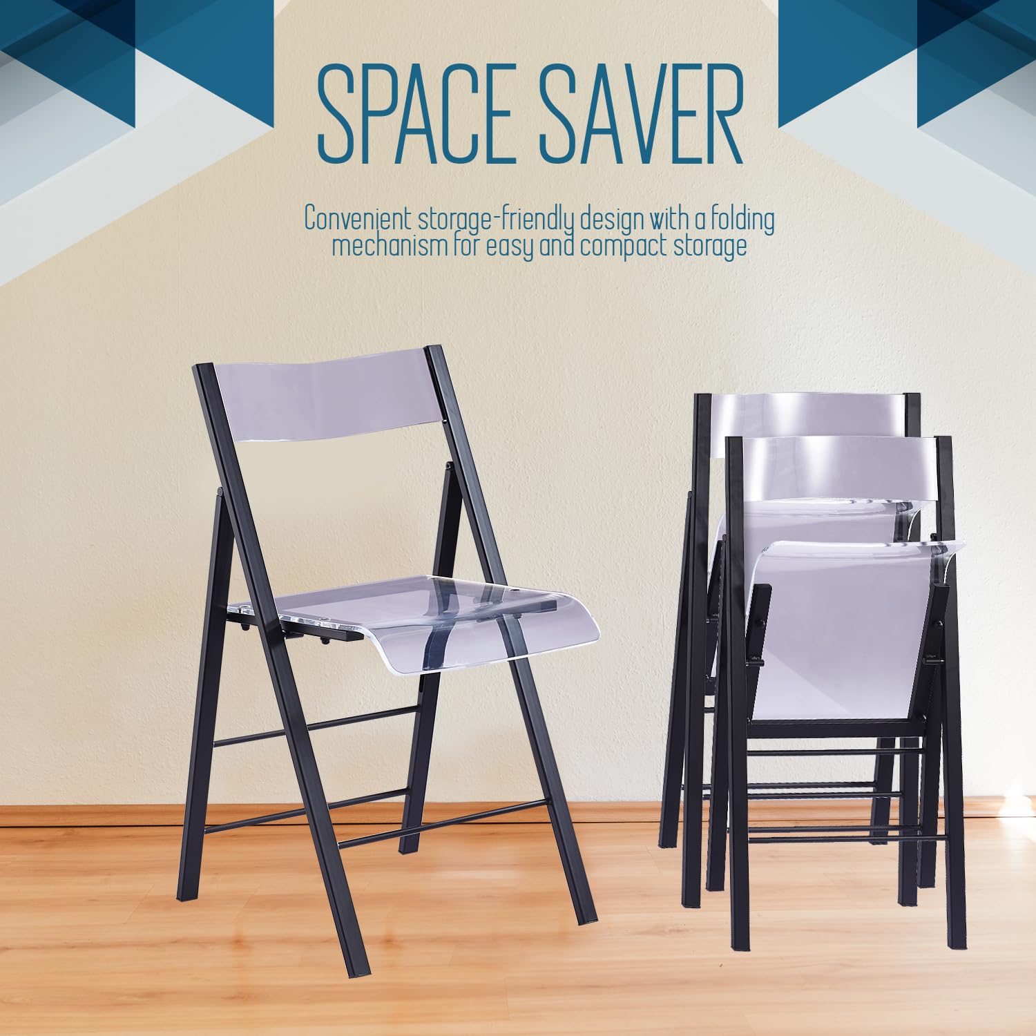 Kasper Flex Modern Acrylic Folding Chairs - Set of 2 Clear Lucite Chairs with Chrome Steel Frame for Dining Room, Office, Patio & Events - Indoor/Outdoor Stackable Transparent Chairs for Home, Restaurant & Wedding Decor