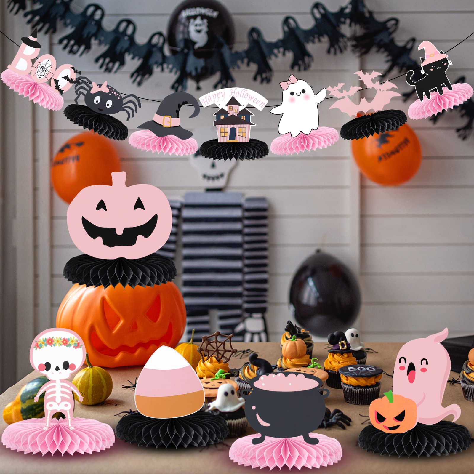 12Pcs Pink & Black Honeycomb Halloween Centerpieces - Baby Shower & Birthday Party Table Decorations, Halloween Table Toppers with Sticks for Girls Party, Home & Office Halloween Decor