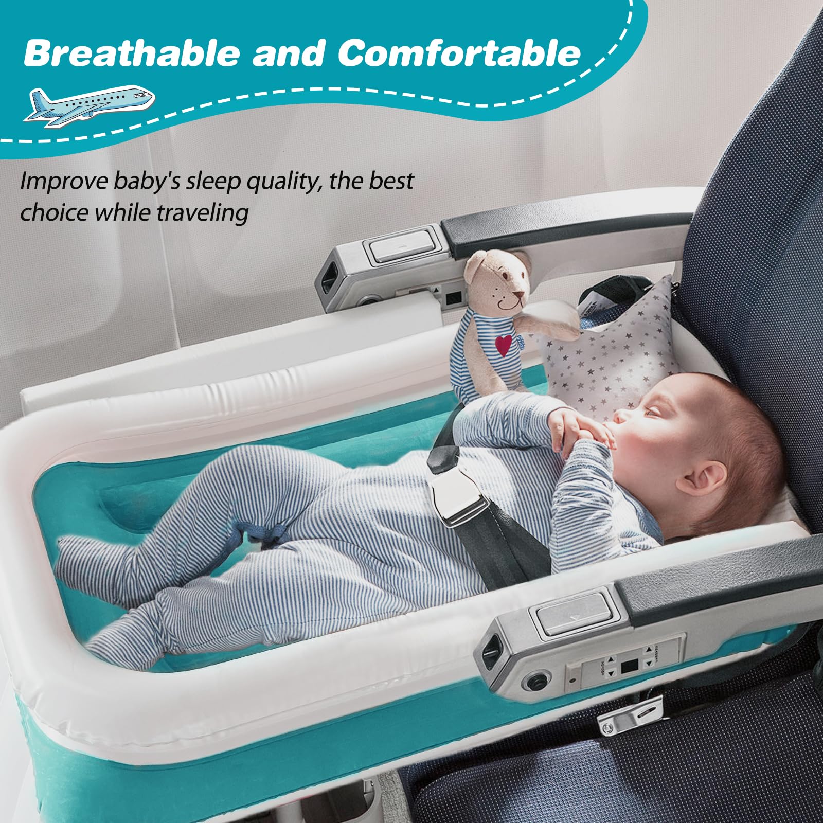 JUANWAN Toddler Airplane Bed - Portable Travel Bed for Kids, Toddler Seat Extender with Safety Belt for Airplane, Train, Car (Blue) | Perfect for Long Flights, Road Trips & Family Vacations