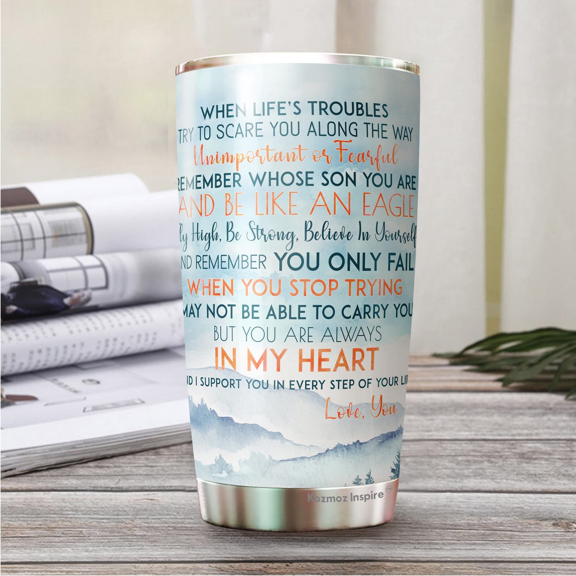 Kozmoz Inspire To My Son 20oz Insulated Tumbler - Personalized Gift from Mom and Dad - Motivational Present for Boys - Perfect for School, Sports & Outdoor Activities