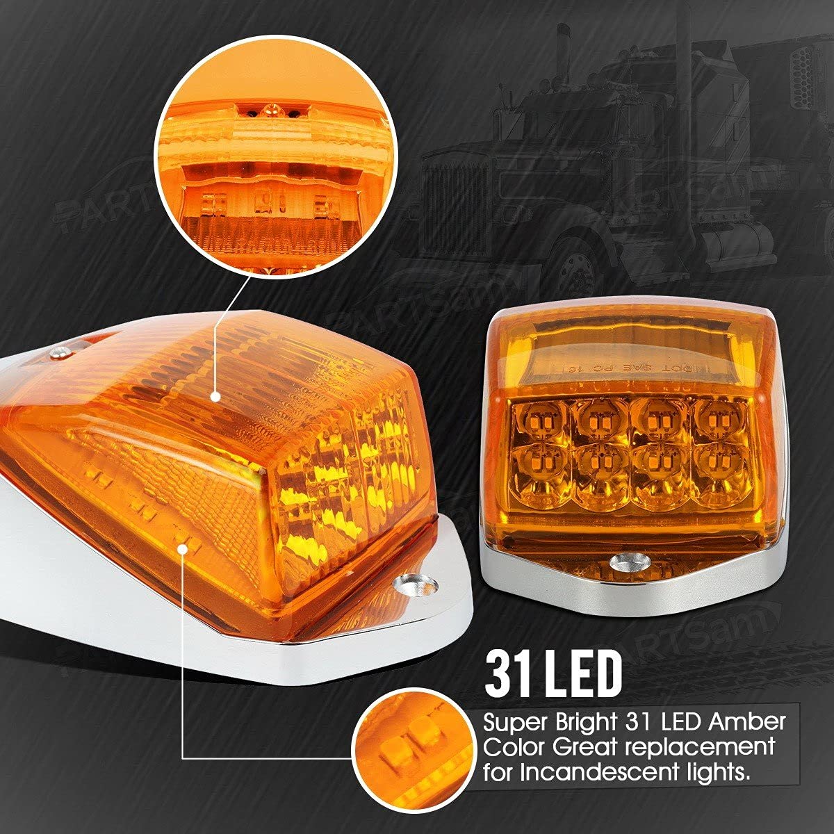 Partsam 5PCS 31LED Amber Cab Marker Roof Running Lights & 48LED Round Double Face Stop Turn Tail Lights - Heavy Duty Truck & Trailer Lighting for Enhanced Visibility & Safety