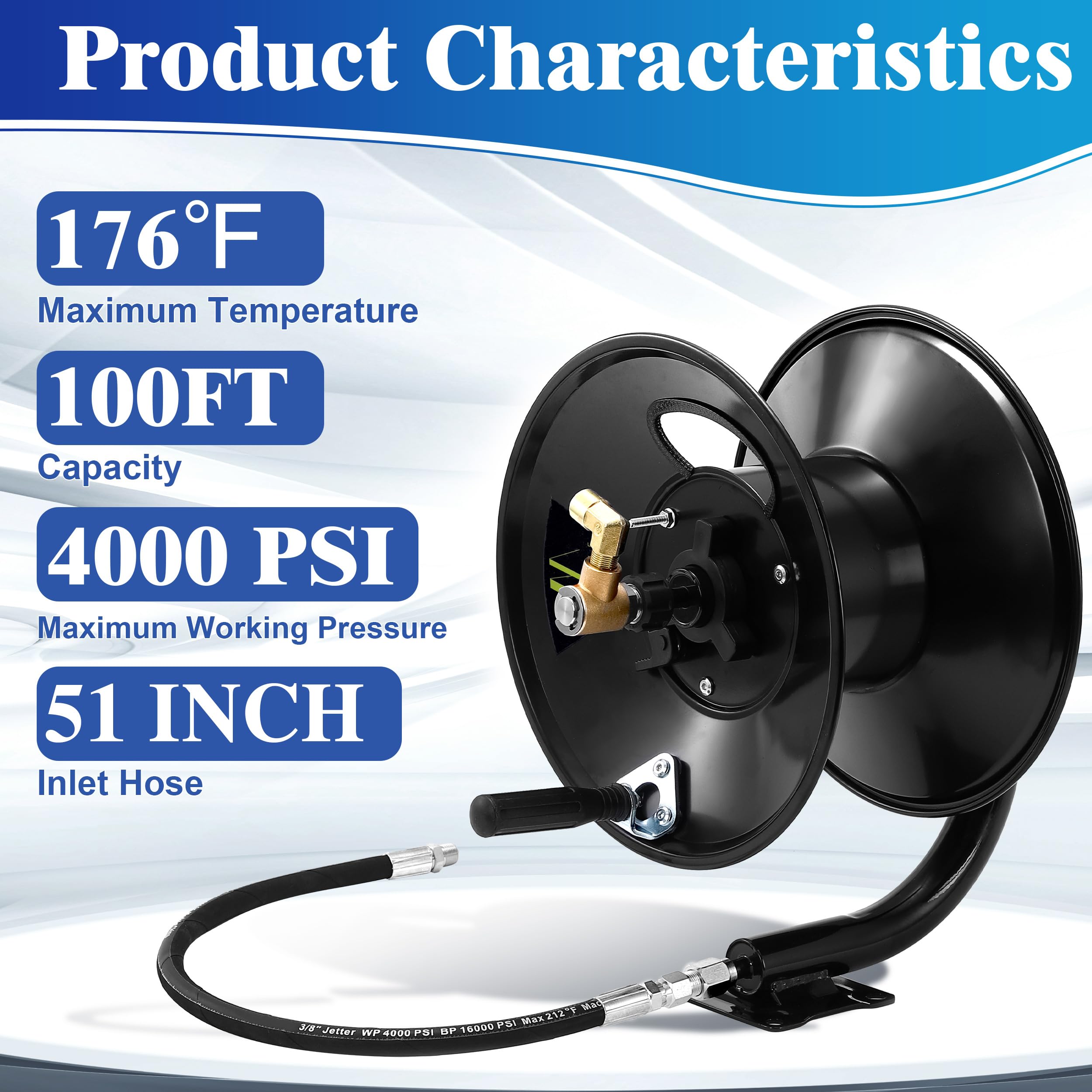 **M MINGLE 100ft Heavy Duty Steel Pressure Washer Hose Reel with Manual Crank & Swivel Arm - 3/8