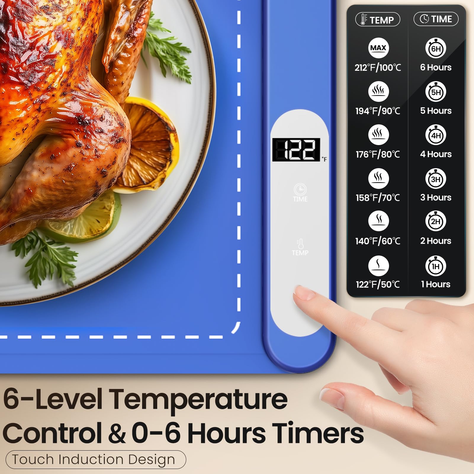 Electric Warming Tray with 6H Timer - Full Surface Heating Food Warmer, 6 Temperature Settings Portable Warming Mat for Buffet, Parties, Office & Home Use - Silicone Heating Mat for Keeping Meals Warm at Dinner Parties, Holiday Gatherings & Everyday Dining