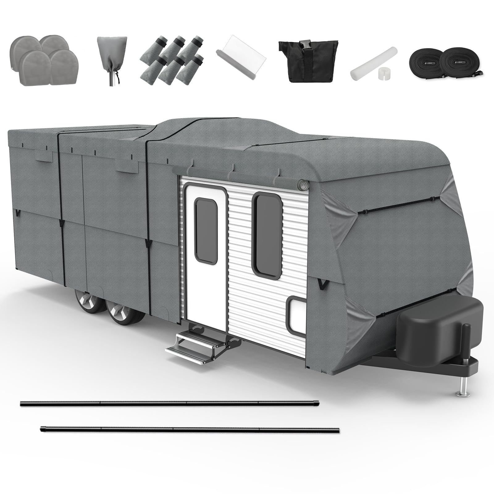 Easy Setup Travel Trailer Cover RV Cover - Heavy Duty 6-Layer Waterproof UV Protection with 2 Adjustable Straps & 4 Tire Covers (Fits 20-22 ft Trailers) - Perfect for Outdoor Storage & Winter Protection
