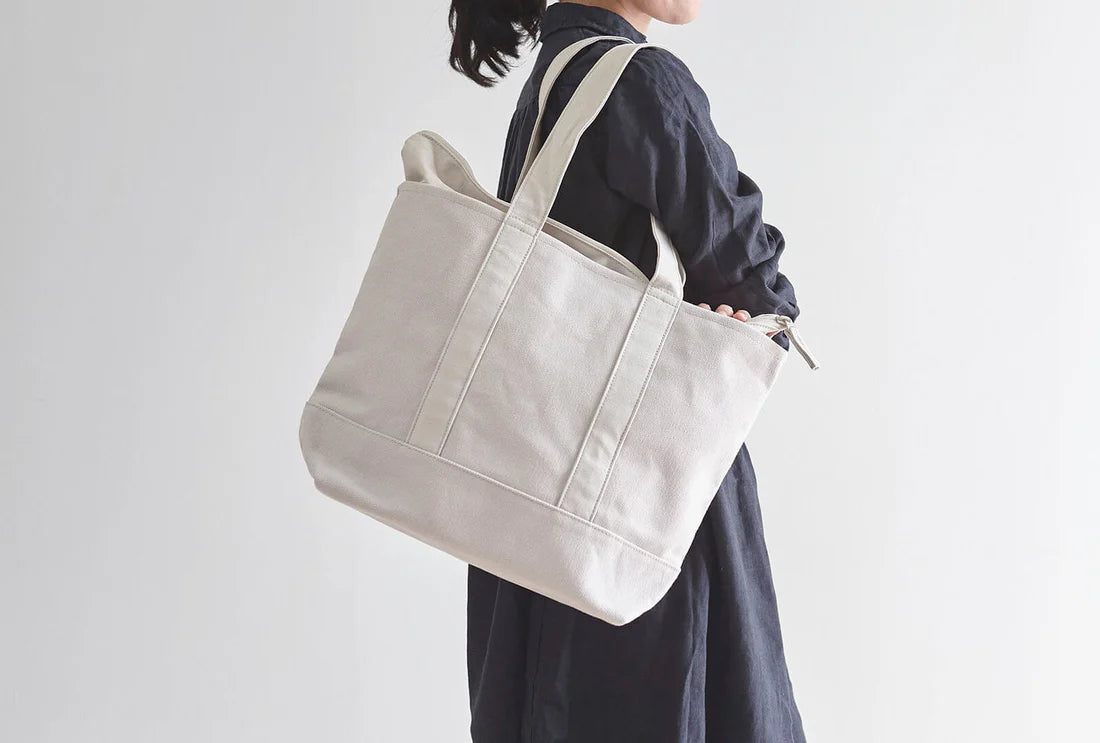 Kurashiki Hampu Canvas Zipper Tote Bag - Grayish White Japanese Style Tote for Work, Travel & Shopping | Durable Cotton Shoulder Bag