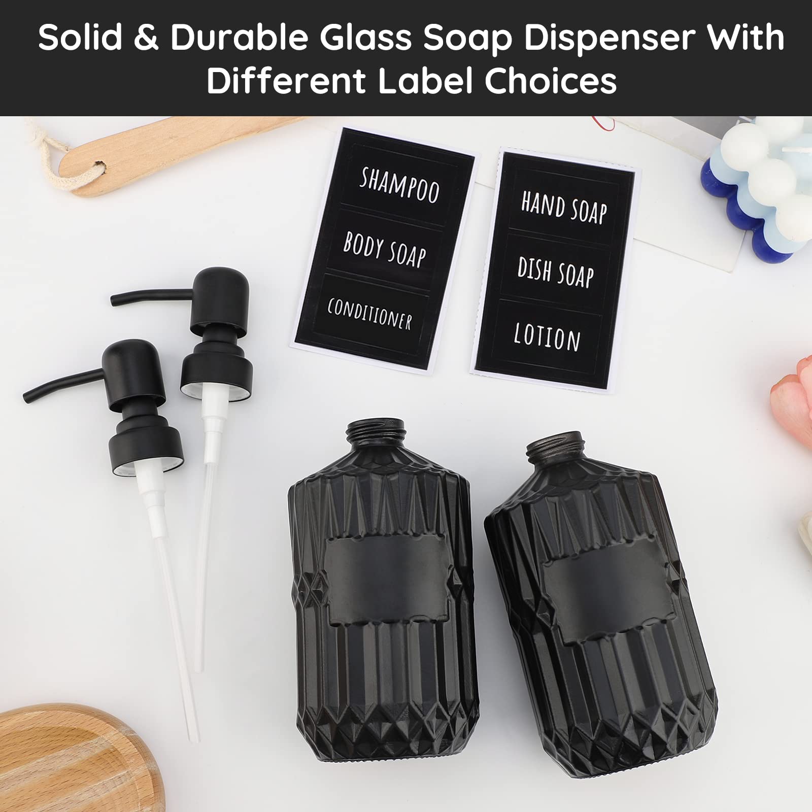 Segbeauty 2-Pack Black Soap Dispenser Set - 15.2oz (450ml) Glass Pump Bottles with Labels for Farmhouse & Modern Home Decor - Refillable Kitchen & Bathroom Accessories - Perfect for Hand Soap, Dish Soap, or Lotion Dispenser in Western Style Homes