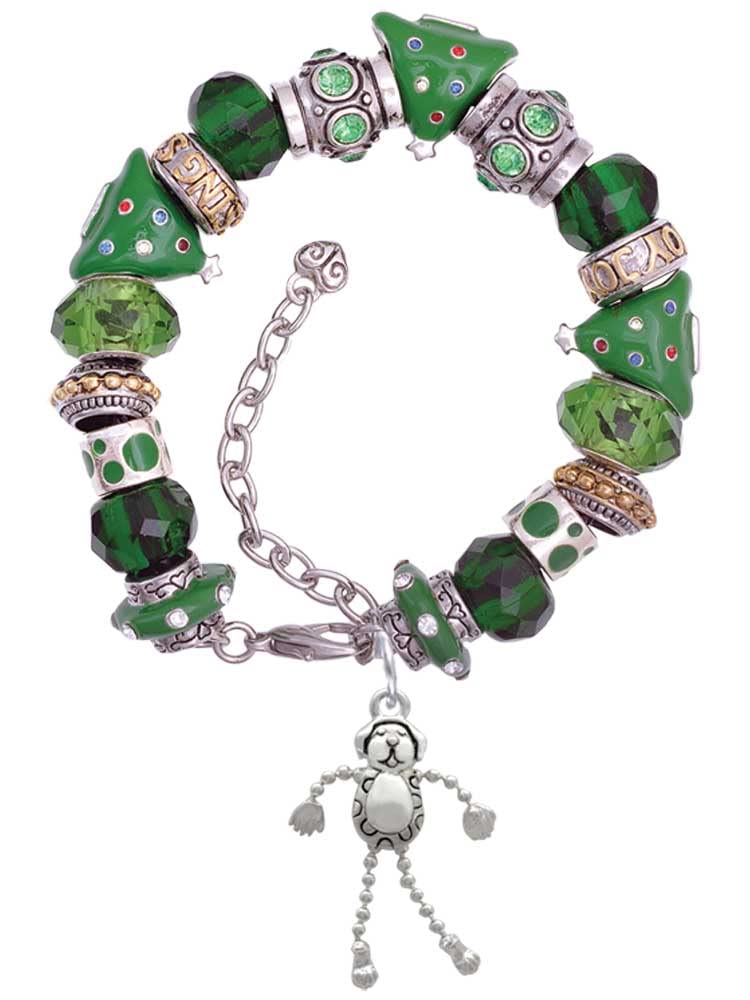 Delight Jewelry Green Christmas Beaded Bracelet with Silvertone Dog Charm & 4 Dangling Legs - Adjustable 7