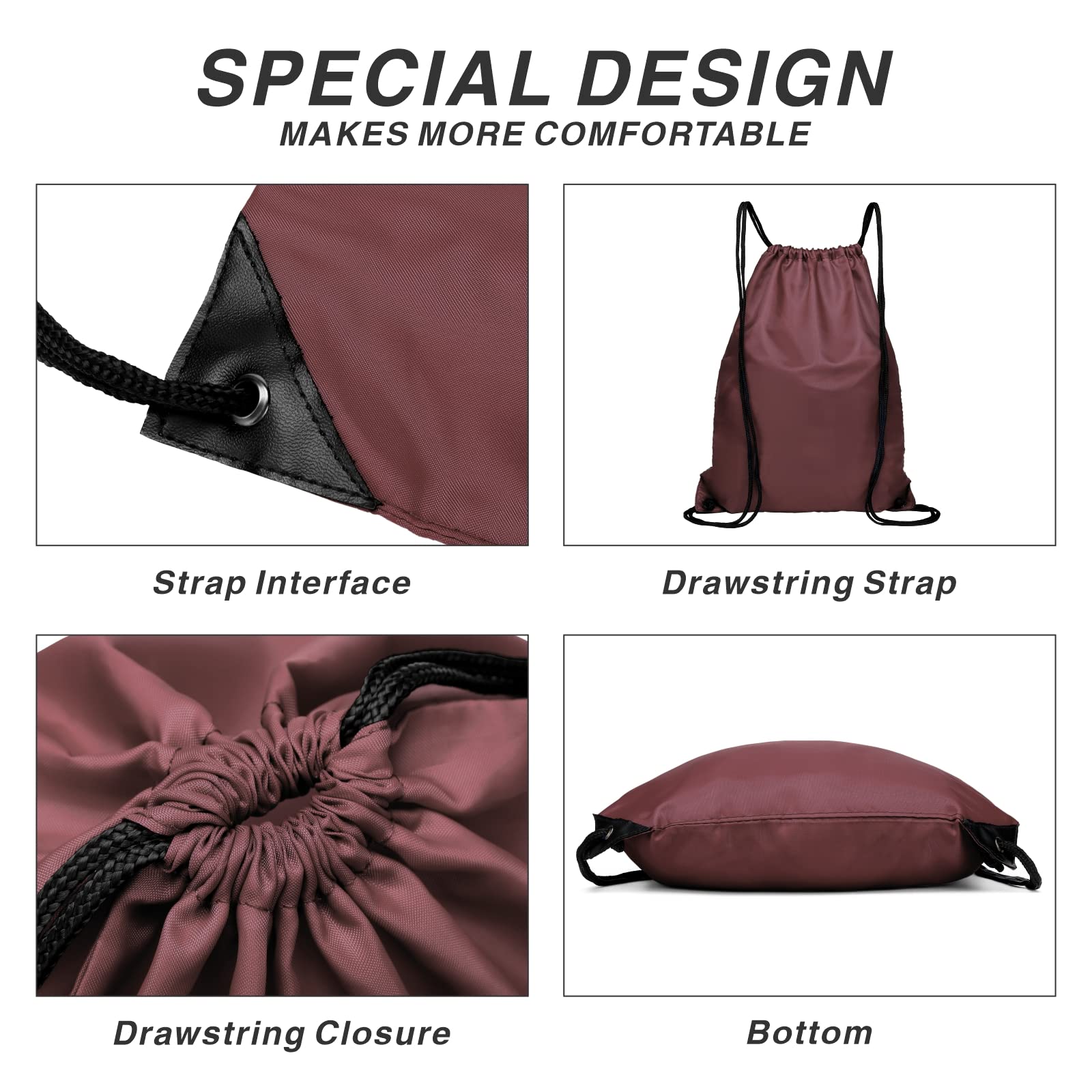 210D Nylon Foldable Drawstring Backpack with Zipper Side Pocket - Lightweight Sports Gym Tote Bag for Men & Women (Burgundy) - Perfect for Workouts, Travel, School & Outdoor Activities