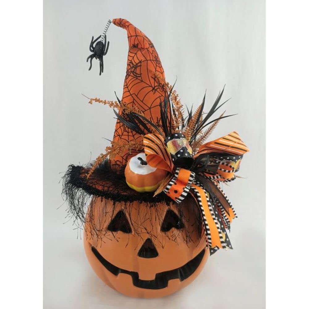 Karen Didion LED Lighted Pumpkin Decor with Orange Hat - Halloween Home Decor, Fall Porch Decoration, Thanksgiving Table Centerpiece