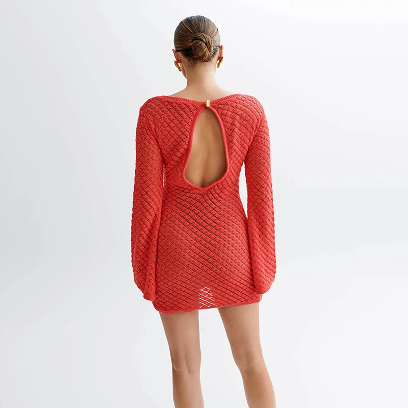 Women's Backless Long Sleeve Knit Mini Dress - Elegant See-Through Summer Beach Dress for Holiday & Vacation | Perfect for Beachwear, Pool Parties, and Night Out