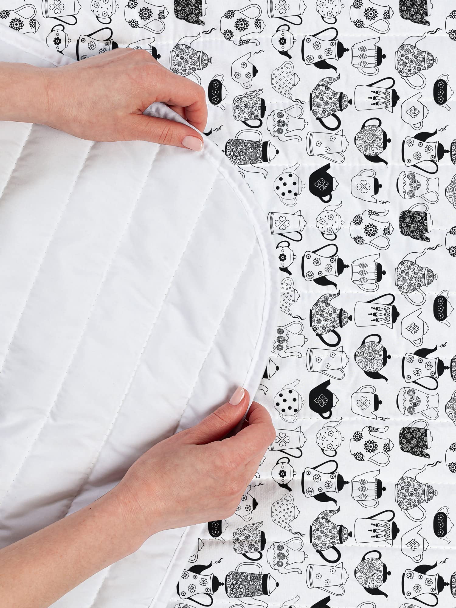 Ambesonne Tea Party Microfiber Bedspread Set - Floral Cup Design Black & White Queen Size Bedding with Pillow Shams & Comforter | Soft Durable Microfiber for Bedroom Decor, Tea-Themed Home Accent