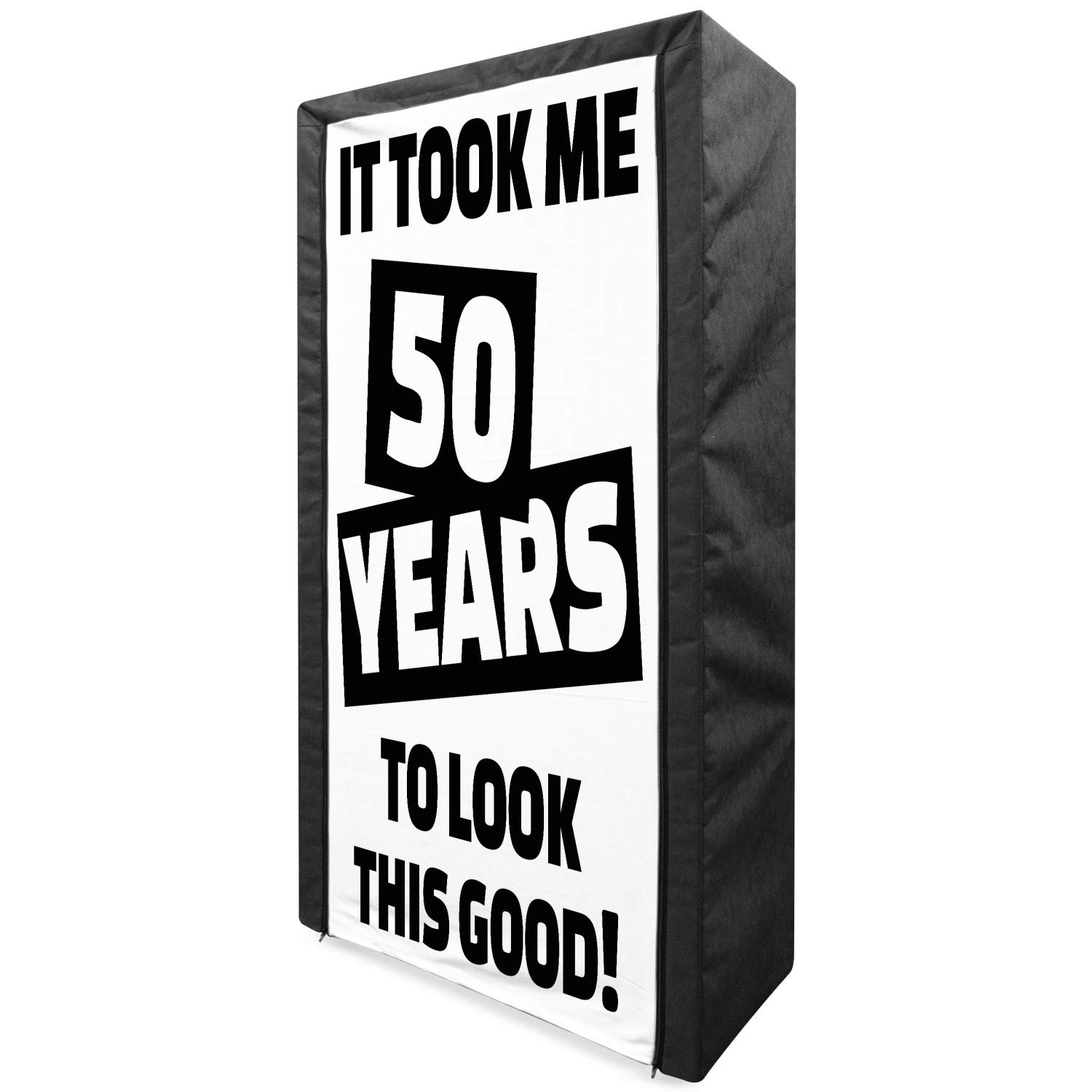 Ambesonne 50th Birthday Portable Fabric Wardrobe - Funny Happy Face Design Clothing Organizer with Shelves, 33.5 Inch Black & White - Perfect for Bedroom, Closet & Party Storage