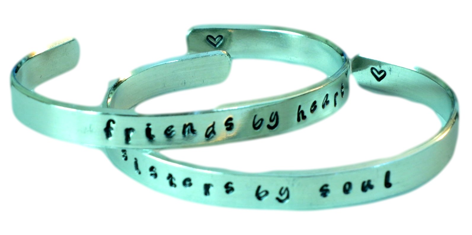 Friends by Heart Sisters by Soul - Hand Stamped Aluminum Cuff Bracelets Set for Best Friends, Forever Love & Friendship Jewelry Gift - Perfect for Anniversaries, Birthdays and BFF Gifts