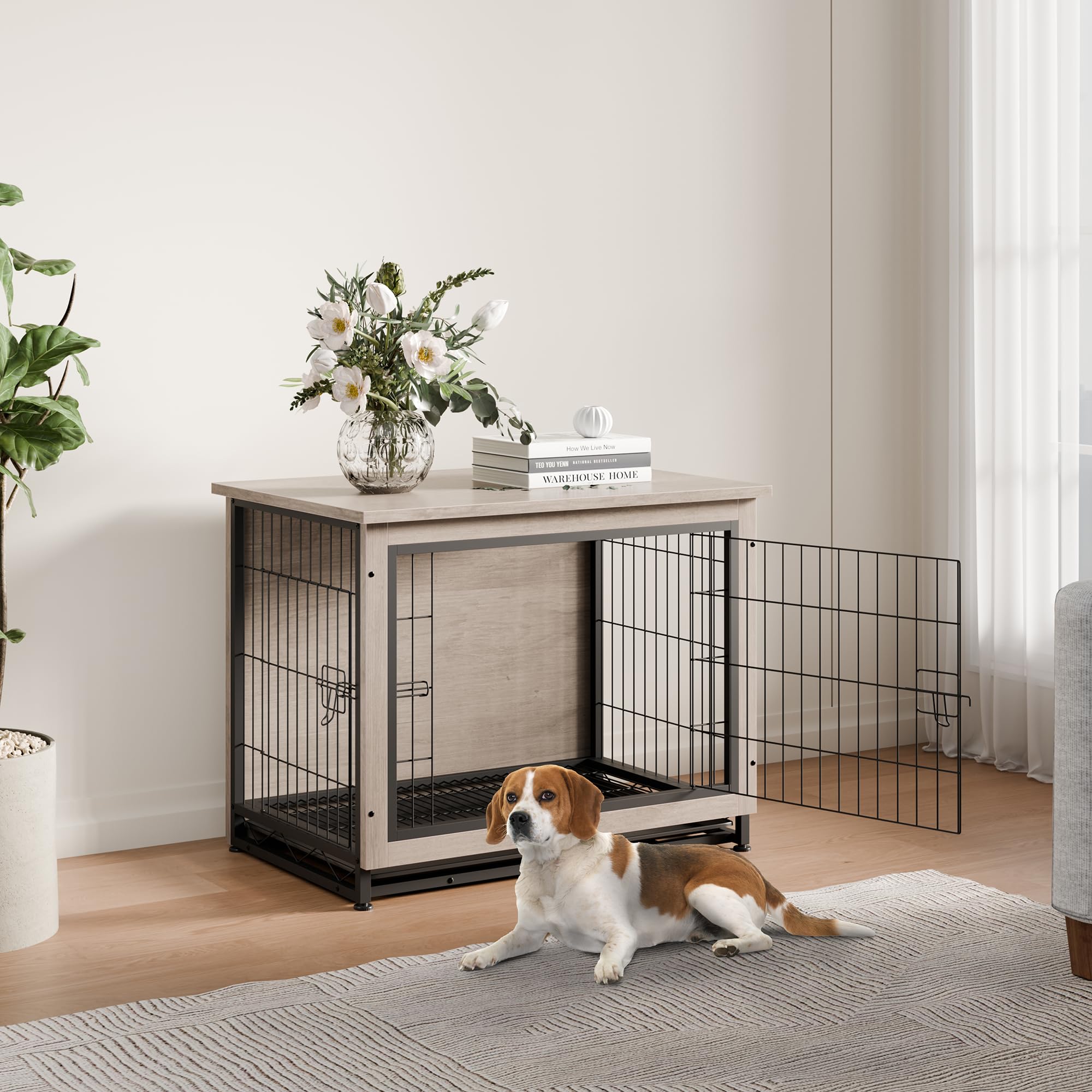 Modern Wooden Dog Crate Furniture - Heavy Duty Indoor Kennel with Removable Tray & Double Doors | Side End Table for Living Room, Bedroom | Grey Pet Cage for Small to Medium Dogs | Perfect for Home Decor & Pet Safety