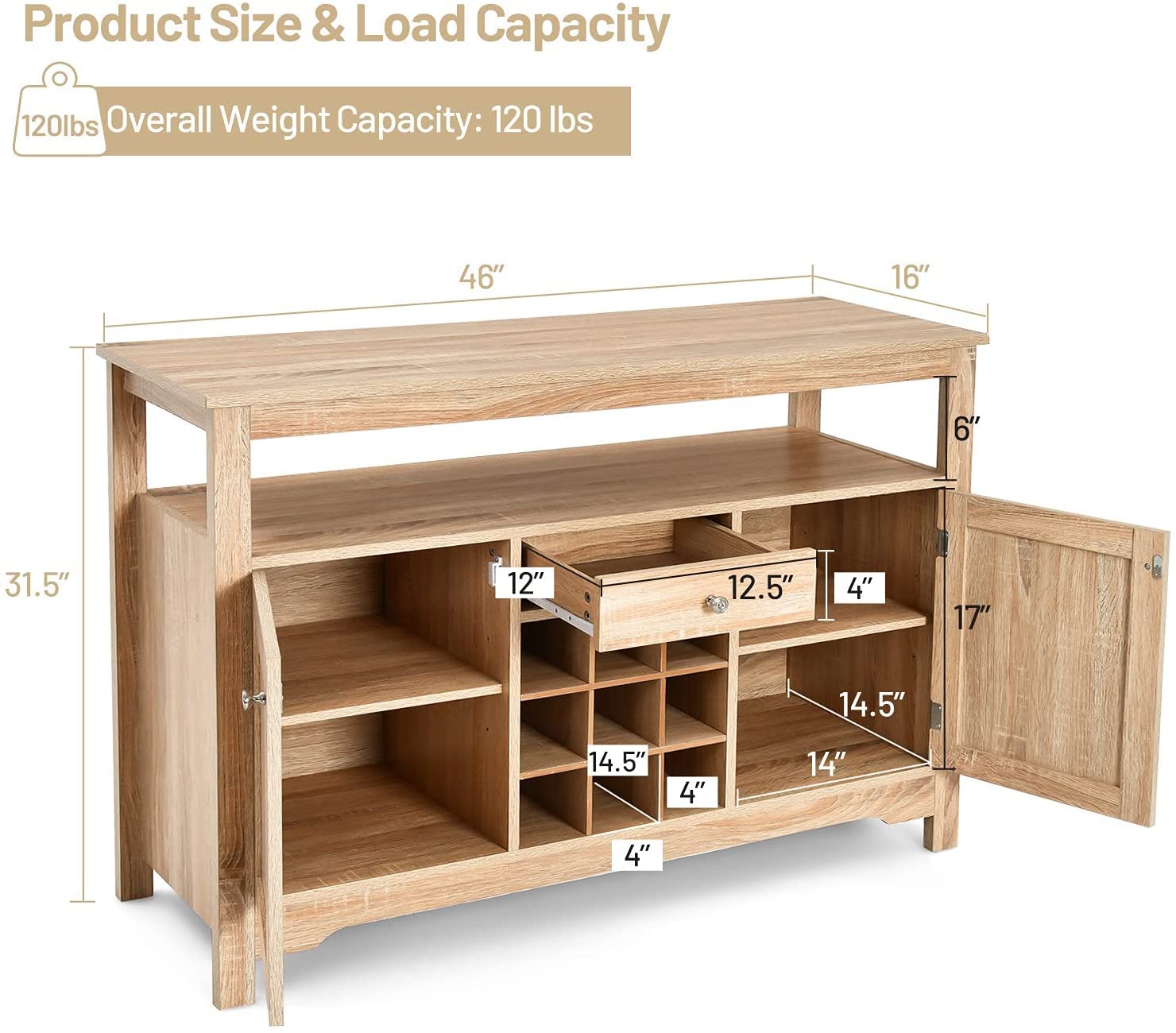 BANGTANE Buffet Kitchen Sideboard - Solid Wood Console Table with 2 Storage Cabinets, Drawer, Wine Rack & Open Shelf | Entryway Storage Organizer for Living Room, Dining Room & Hallway (Natural Finish, HW63250) | Perfect for Home Decor, Entertaining & Small Space Organization